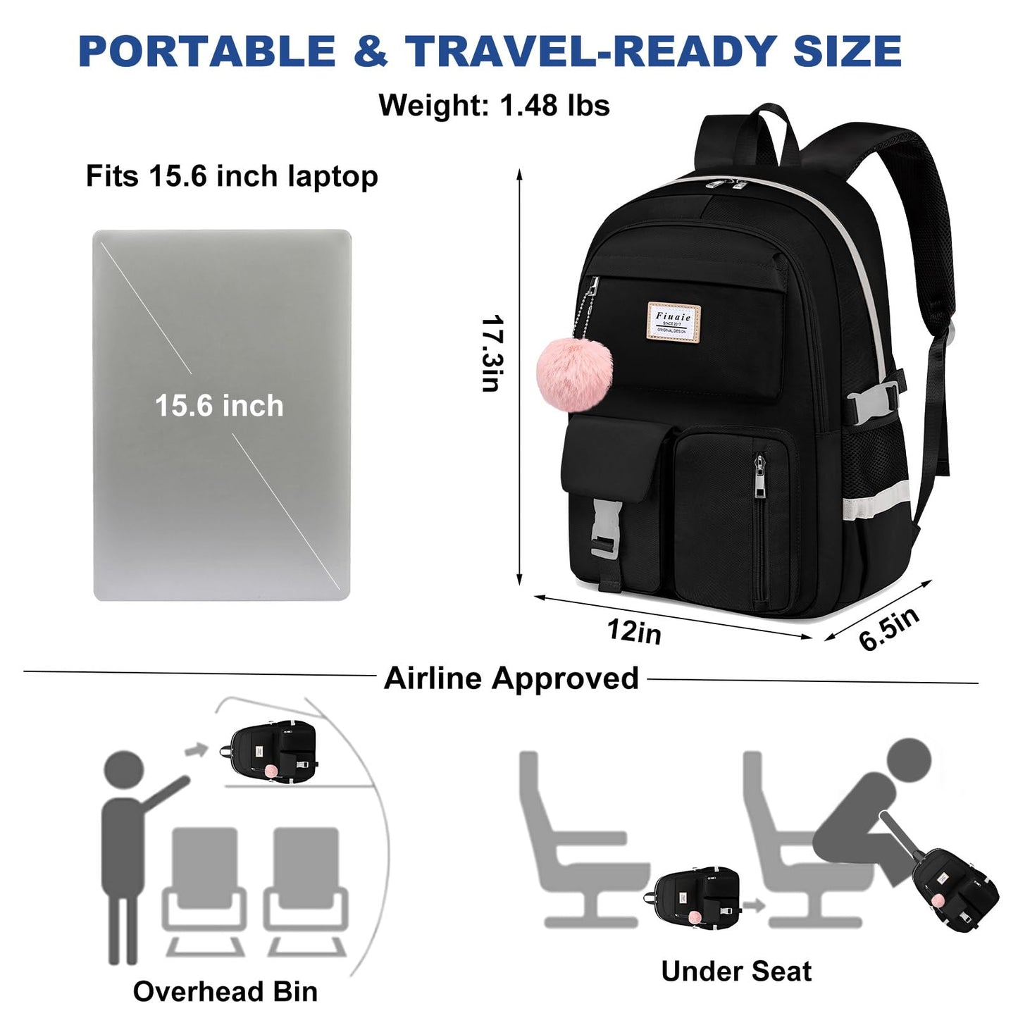 Laptop Backpack for Women College Bookbag: 15.6 Inch Student Backpacks Anti Theft Daypack Large Cute Middle High School Bag Fashion Travel Back Pack Casual Book bag for Teen Girls Black