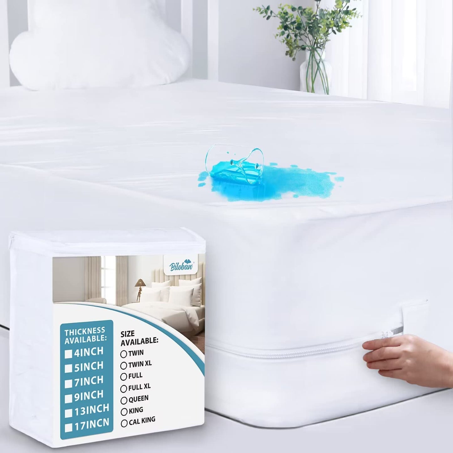 Biloban Zippered Mattress Encasement Full/Double, 100% Waterproof Mattress Protector, Premium Hypoallergenic Full Six-Sided Mattress Cover Fits 8-10 Inches Deep(54" x 75"), Breathable and Absorbent