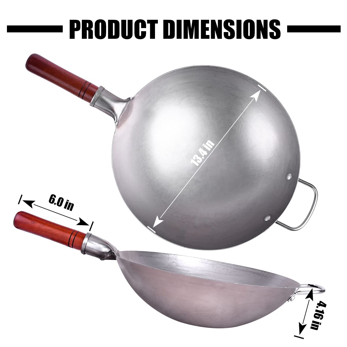 Teewe Carbon Steel Wok - Traditional Hand Hammered 13.4" Round Bottom Wok Pan Set with 8 Pcs Accessories