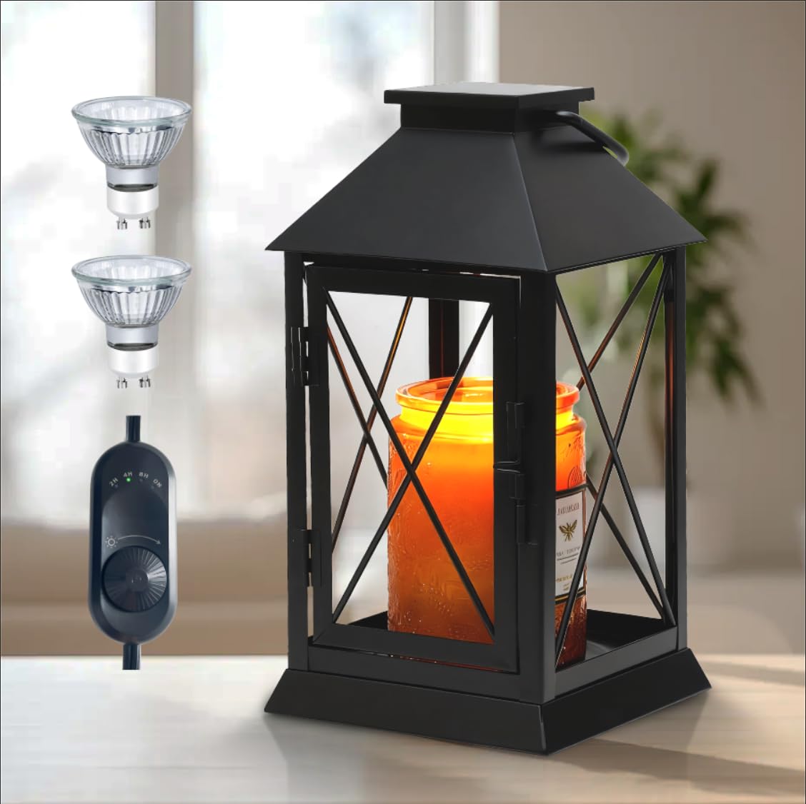 Candle Warmer Lamp,Candle Warmer Lamps with Timer,Black Lamp Candles Warmer Lantern for Jar Candle,Dimmable Candle Lamp Warmer Farmhouse with 2 Bulbs,Auto Shut Off & Adjustable Brightness