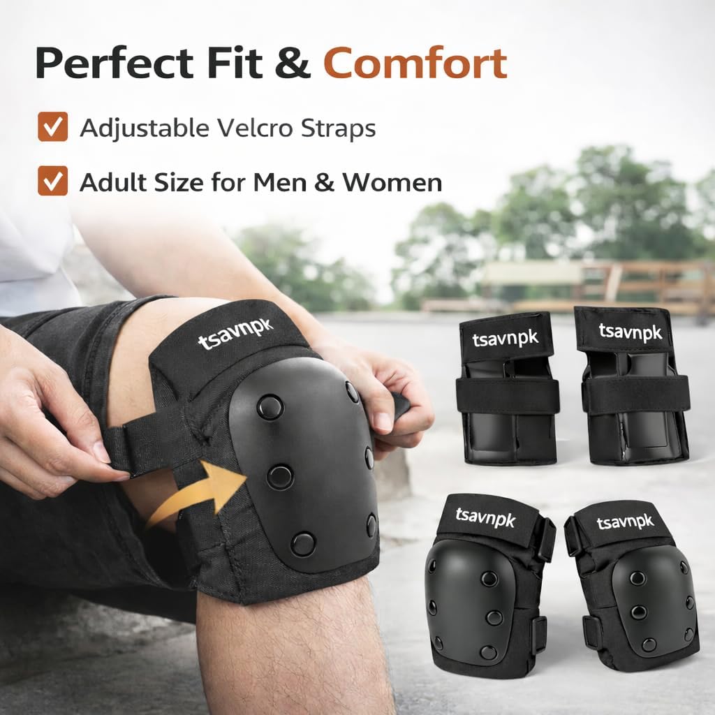 Adult Knee Pads and Elbow Pads Set with Wrist Guards, 6 in 1 Protective Gear for Skateboarding, Roller Skating, Inline Skating, Scooter, BMX, Adjustable Pads for Men Women(Black, X-Large)
