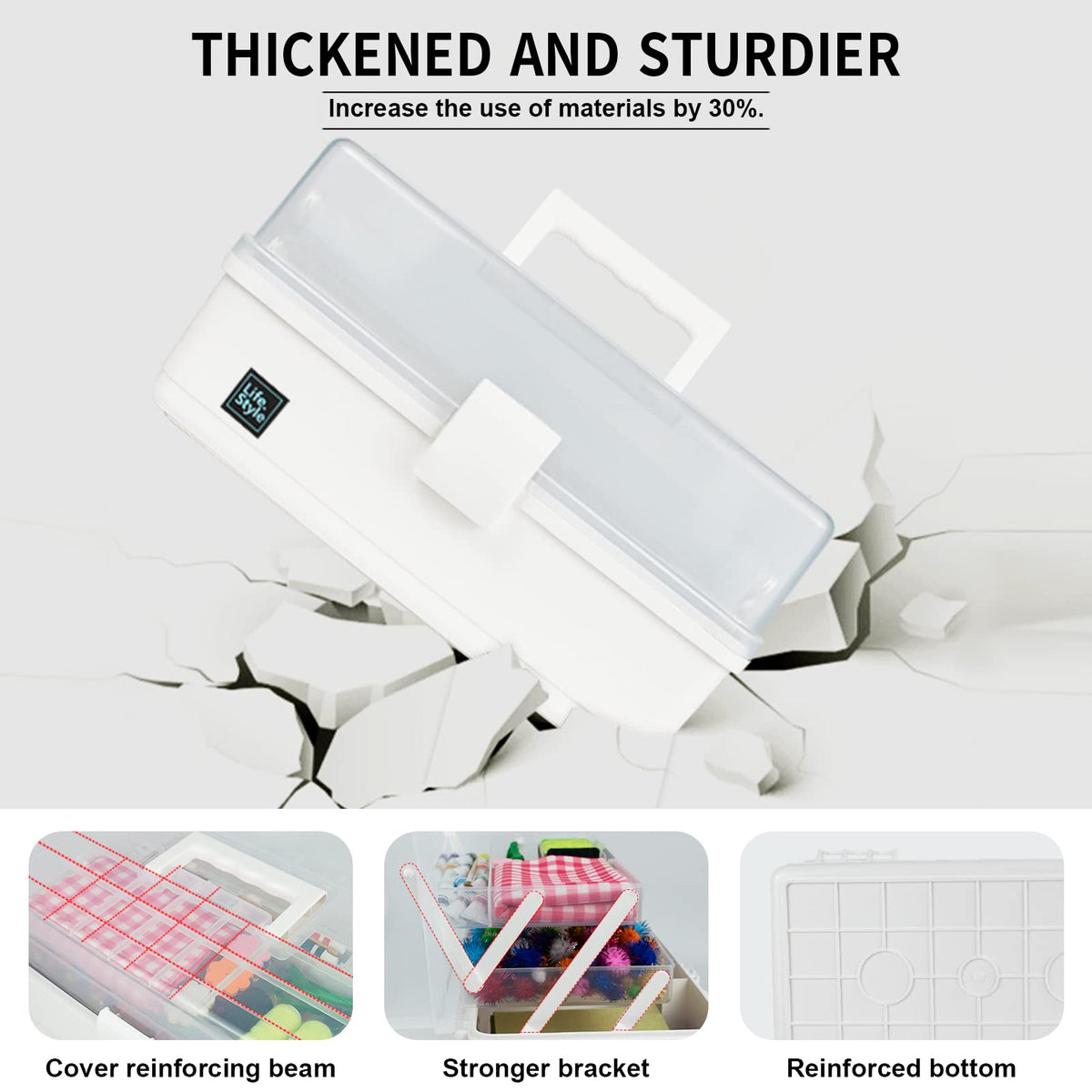 Creahaus 34cm Art Craft Organizer Storage Box with 3 Layers, Multifunctional Plastic Tool Box with Handle for Sewing, Makeup, Medicine, Nail, Hair Accessories (White)