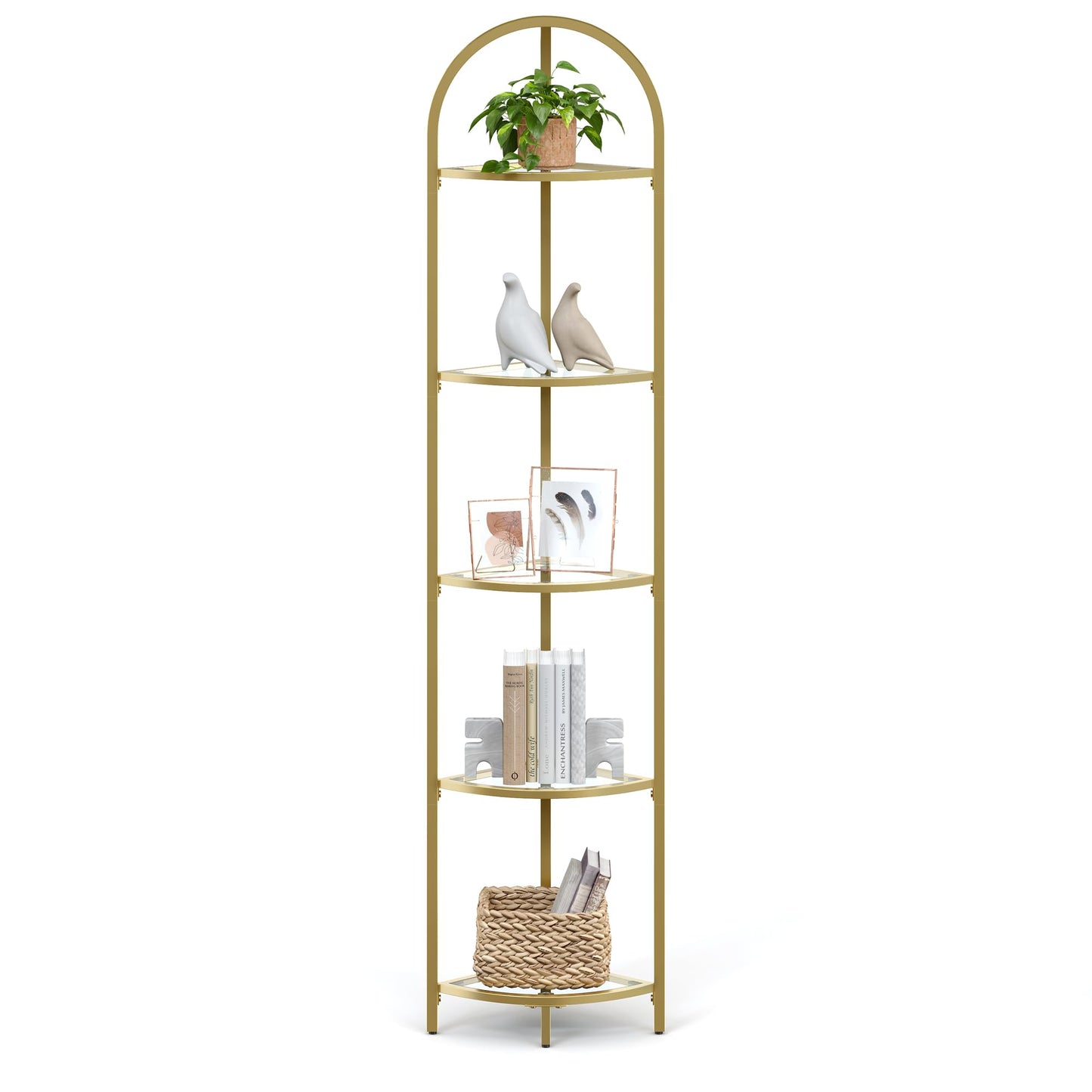 VASAGLE 5-Tier Corner Shelf Stand, Corner Bookshelf, Bathroom Organizer, Plant Stand, Tempered Glass, Metallic Gold ULGT810A01
