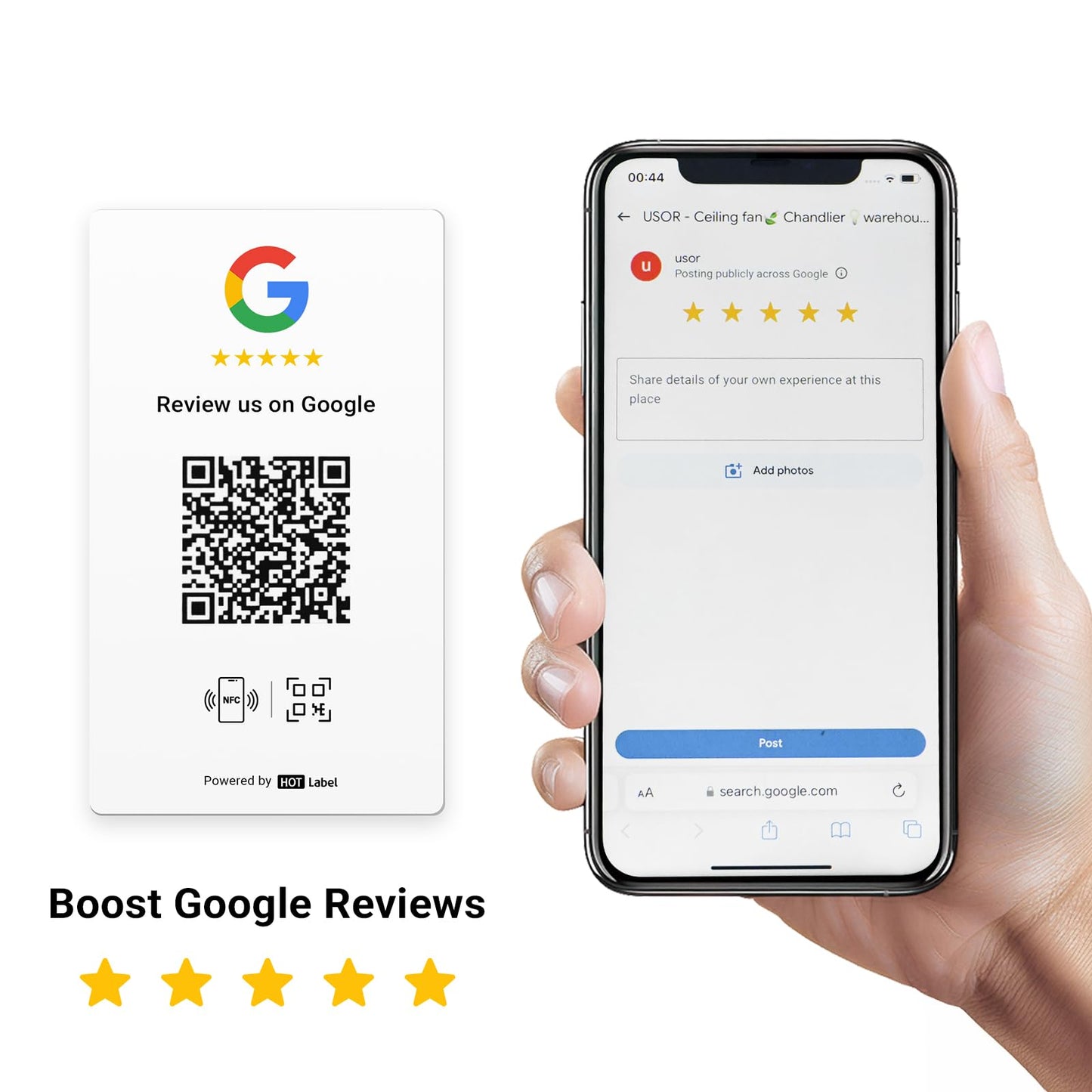 HotLabel Review Card 5-Pack – White – NFC Tap & QR Code – Includes 5 Independent Links (Supports 5 Different Stores or Same) – All Phones Compatible – No App/Subscription