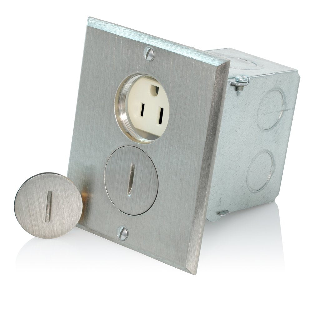 Leviton Floor Box Assembly 15 Amp, 125 Volt, Includes Brass with Brushed Nickel Finish Floor Plate, Gasket, Screw Cap, O-Ring, and Switch Box, 25249-SBA, Ivory