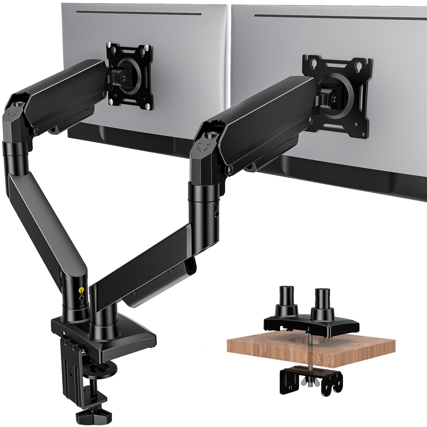 Hemudu Dual Monitor Arm Full Motion Adjustable Monitor Mount Desk Stand for 17″–32″ Computer Screens, VESA 75x75/100x100 with C-Clamp&Grommet Aluminum Base, Each Arm Holds 4.4 to 20lbs HD09B-201
