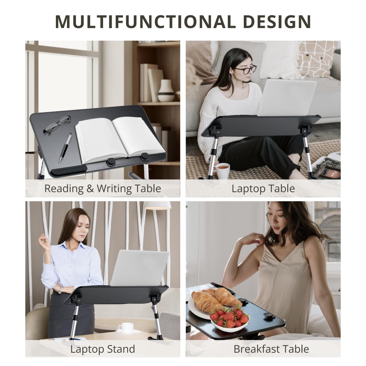 AXTON Black Foldable Laptop Table Desk Stand, Adjustable, Portable Workstation for Bed, Floor, Couch, Sofa, Breakfast, Lap - for Home, Office, Work, Reading, Writing, and Dining - Medium