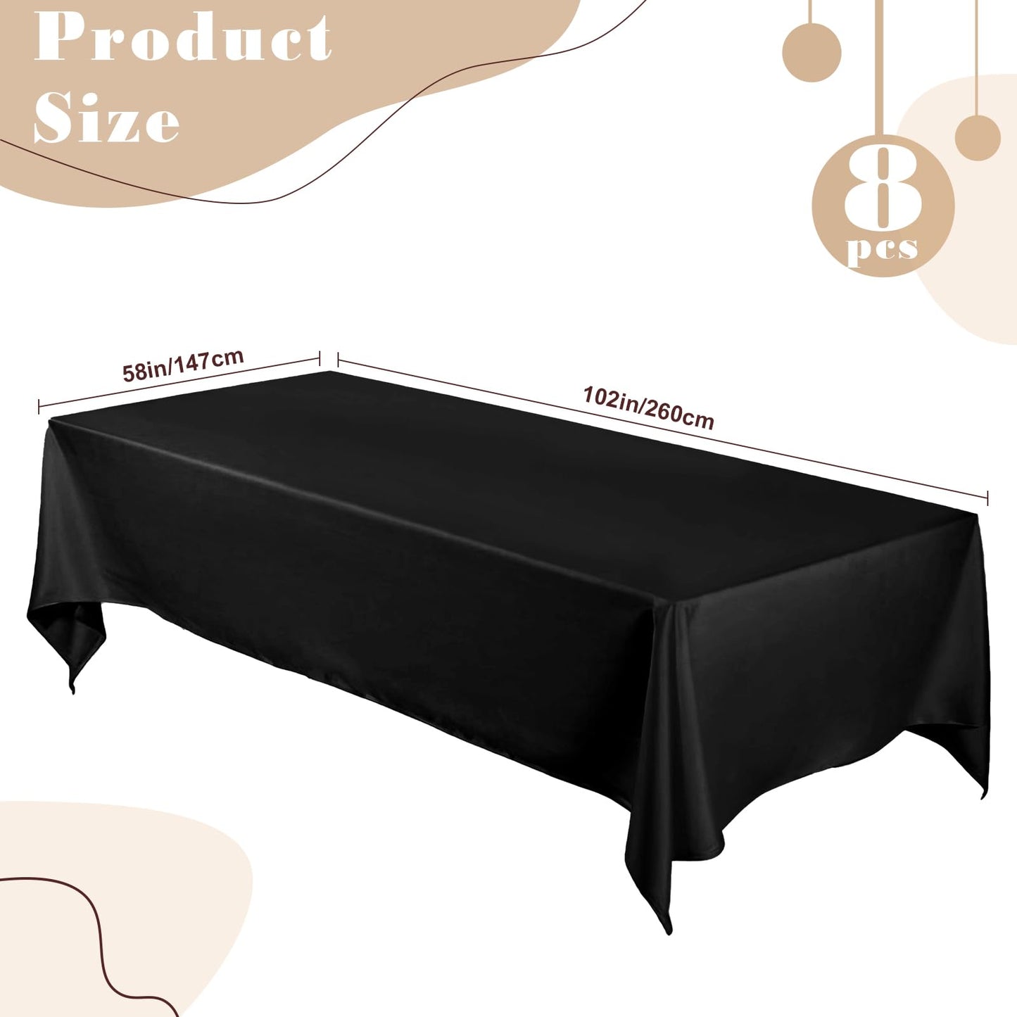 Fayavoo 8 Pack Black Table Cloth 58 x 102 Inch Rectangle Table Cover Stain and Wrinkle Resistant Washable Polyester Table Cloth for Decorative Table Cover for Dining Table, Buffet Parties and Camping