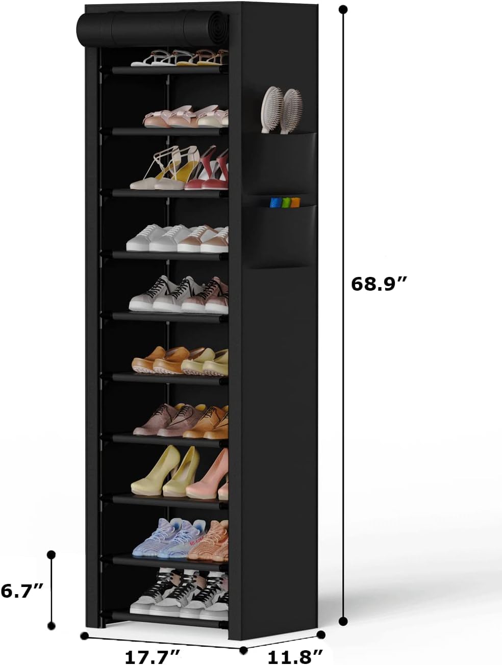 Oillase Vertical Narrow Shoe Rack Organizer Tall Shoe Rack for Closet Entryway 10 Tier Non-Woven Cover Shoe Shelf Holds 20-22 Pairs Free Standing Shoe Storage Cabinet with Dustproof Cover, Black