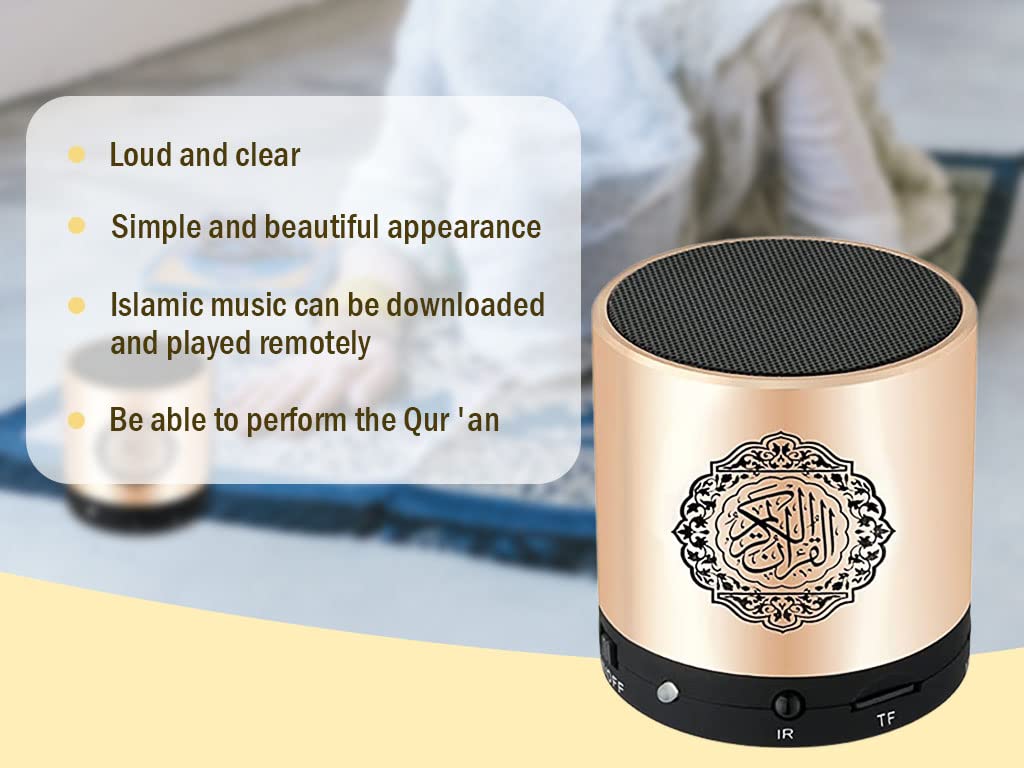 Portable Digital Quran Speaker with Remote Control over18 Reciters and 15Translations Available Quality Qur'an Speaker Arabic English French, Urdu etc Mp3 FM Radio (Gold Color)