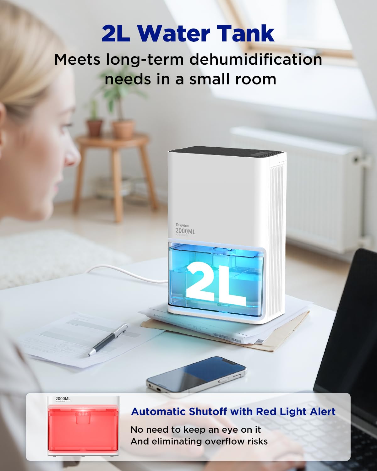 EasyAcc Small Dehumidifier for Closet, 2000ML Tank Deshumidificateur Max 500-650ML/Day-3 Modes Speeds/Ultra Quiet/Auto Defrost 7 Colour LED Light Auto Shut Off - Ideal for Closet RV Small Room