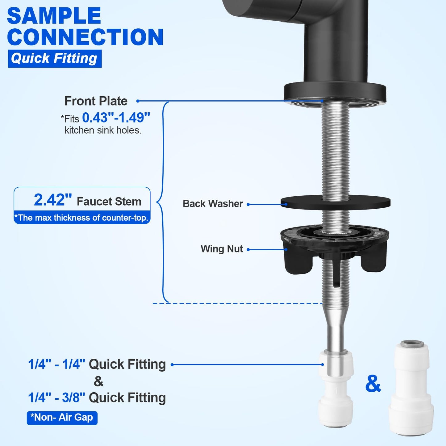 Drinking Water Faucet - Long Thread Stem Filtered Water Tap for Thick Countertop,Lead-Free RO Faucet with Hose and Push Connect Fittings(Matte Black)