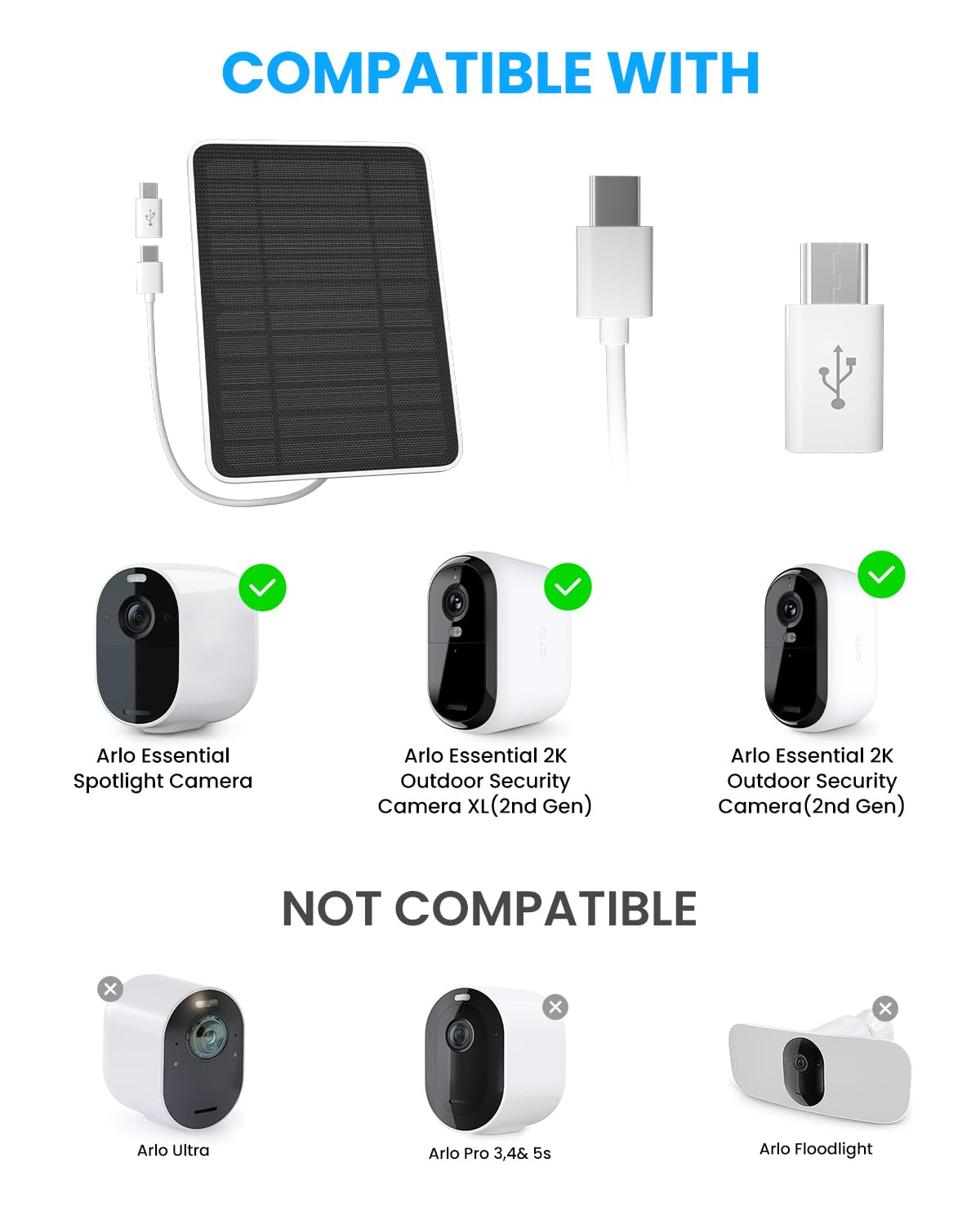 Solar Panel Charger Compatible with Arlo Essential 2K Outdoor(2nd Gen)/Essential XL Camera(2nd Gen)/Essential Spotlight, 5W Solar Panel with IP65 Waterproof 10ft Micro USB-C Cable & Wall Mount, 2 Pack