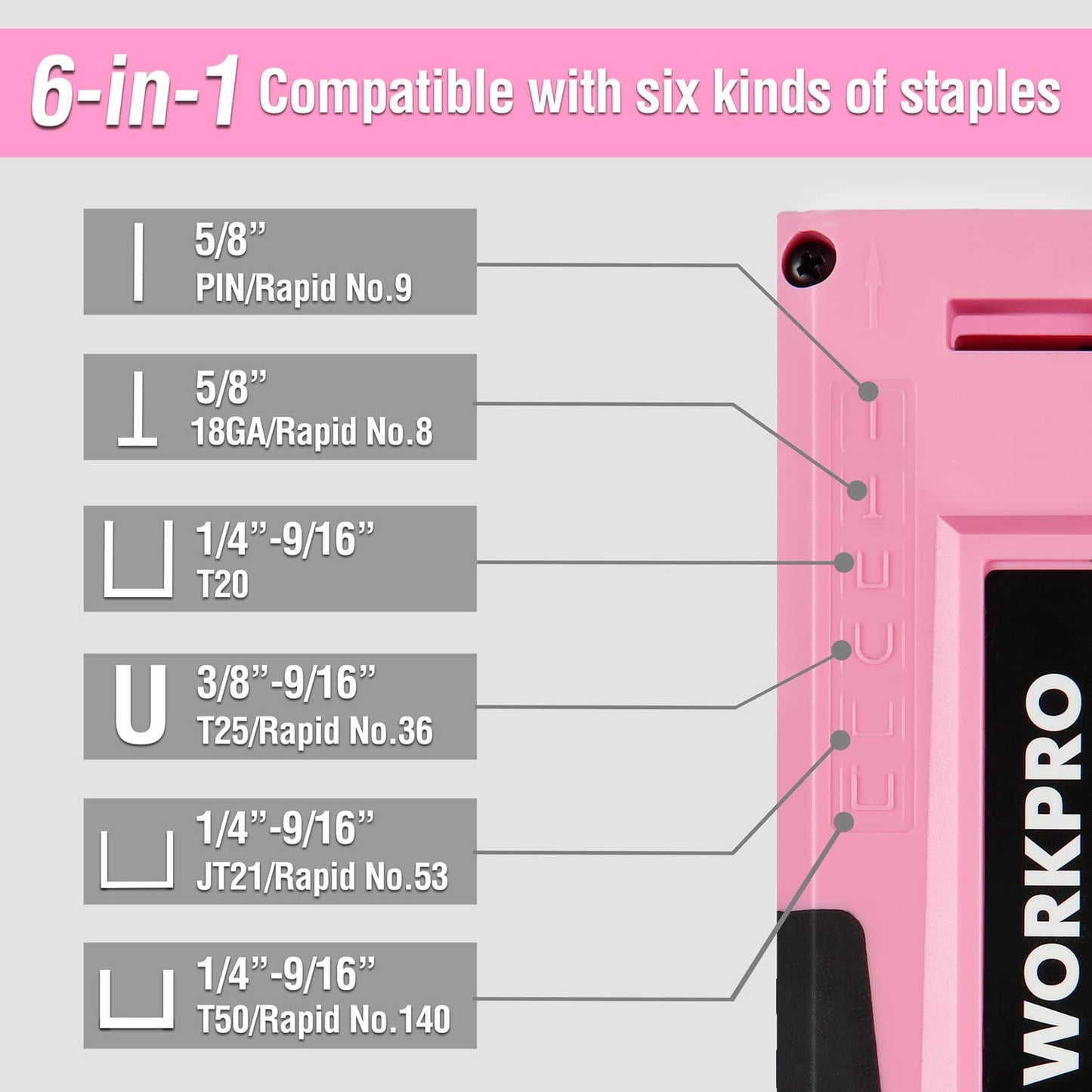 WORKPRO 6-in-1 Manual Staple Gun Kit, Pink Hand Brad Nailer with 4000pcs Staples, Portable Stapler for Upholstery, Crafts, Light Material Repair, Decoration, DIY, Furniture, and Carpentry