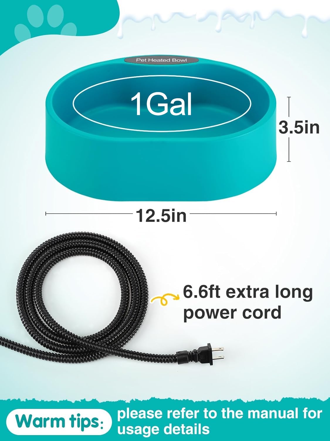 3.7L Extra Large Heated Water Bowl for Outdoor, 35W Thermostatic Control Heating Pet Bowl Dog Gifts with 6.6Ft Bite-Proof Cord for Winter Dogs Cats Chickens Duck Squirrels