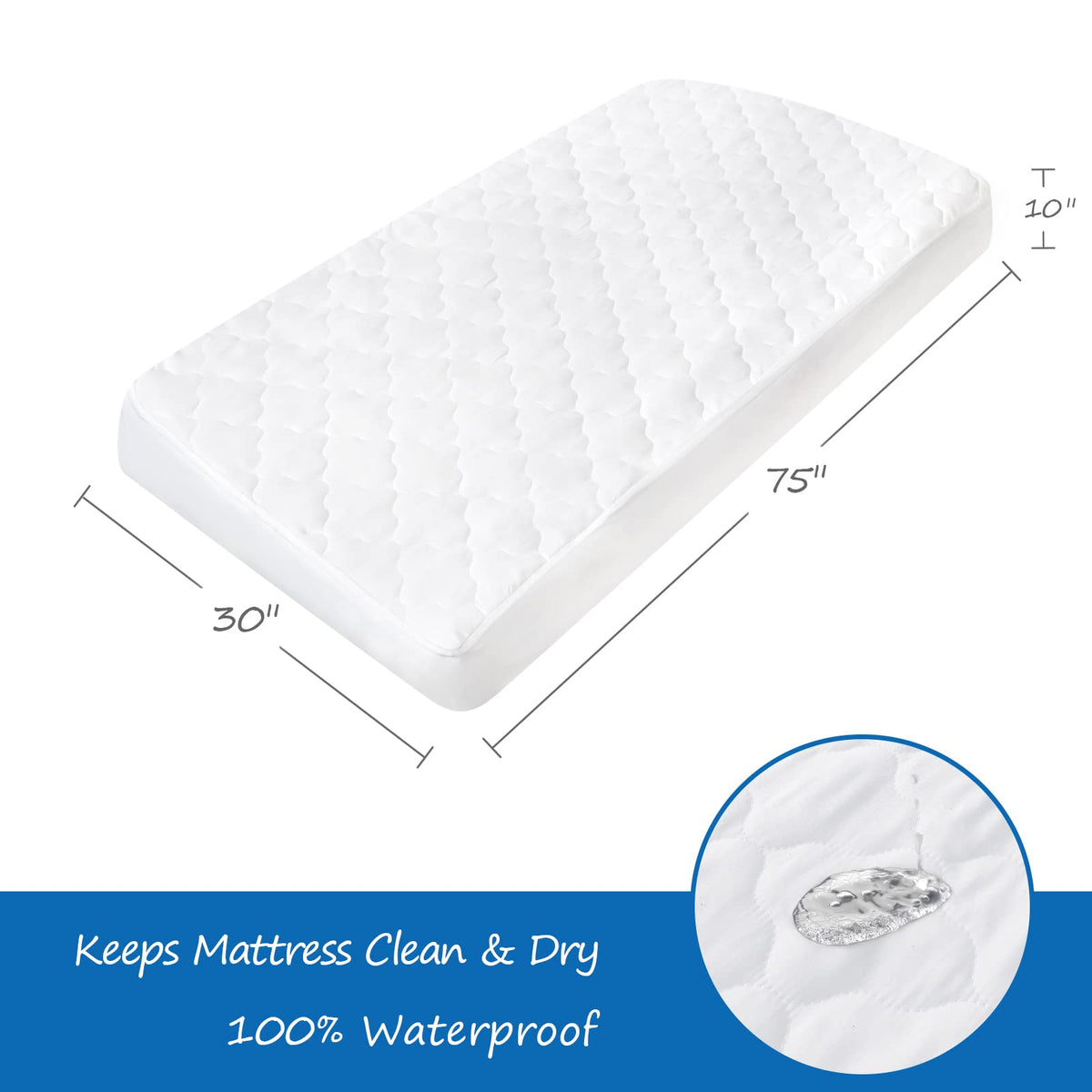 Cot Mattress Pad Waterproof, Quilted Cot Size Mattress Pads Protector Cover 30" X 75" Fitted for Narrow Twin/Camp Bunk/Rvs Bunk/Guest Beds, Soft Breathable Microfiber Topper, White (Cover Only)