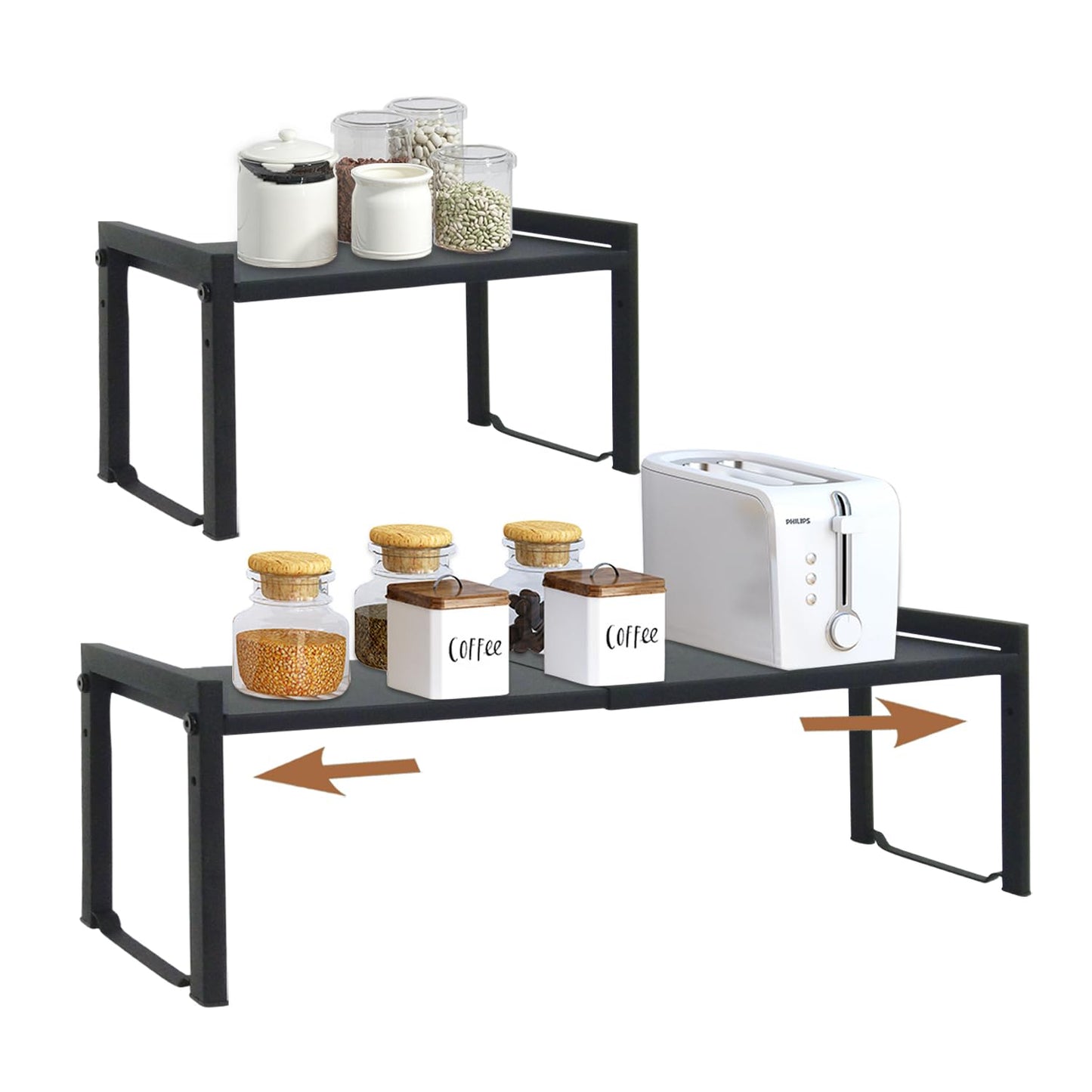Expandable Cabinet Shelf 13.8-26"(L), Stackable Kitchen Counter, Kitchen Spice Rack Pantry, Djustable Cupboard Organizer Storage Rack for Office (Black,2pack S)