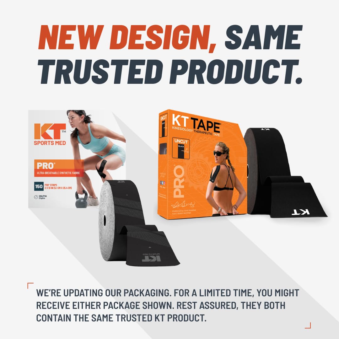 KT Tape, Pro Synthetic Kinesiology Athletic Tape, 150 Count, 10” Precut Strips, Jet Black