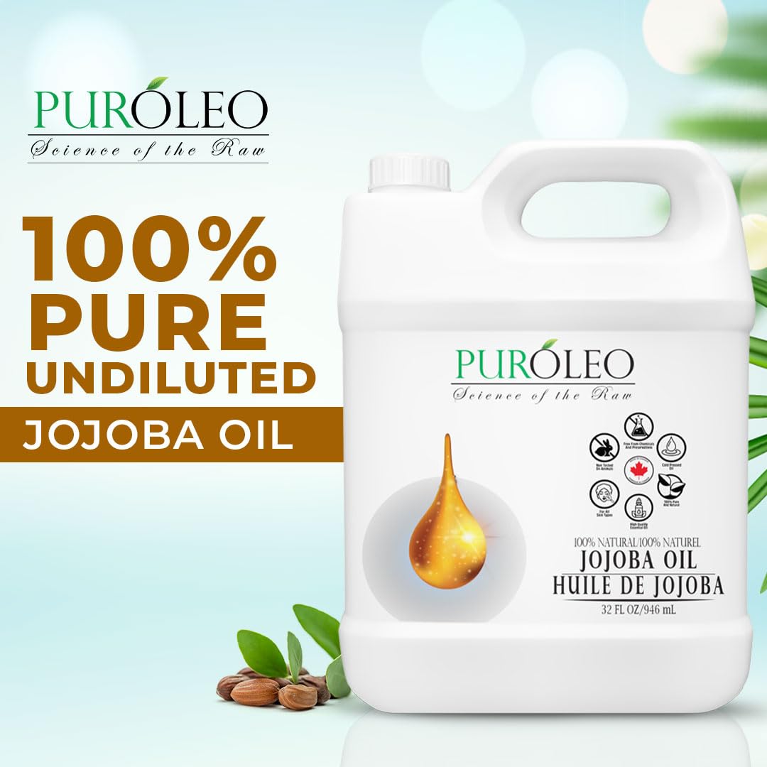 PUROLEO Jojoba Oil 32 Fl Oz/946 ML (Packed In Canada) 100% Pure and Natural for Hair Oil, beard oil , Cuticle Oil, baby oil & Face Oil | |Personal Beauty Pack Easy to carry | Premium Leakproof unbreakable Packaging