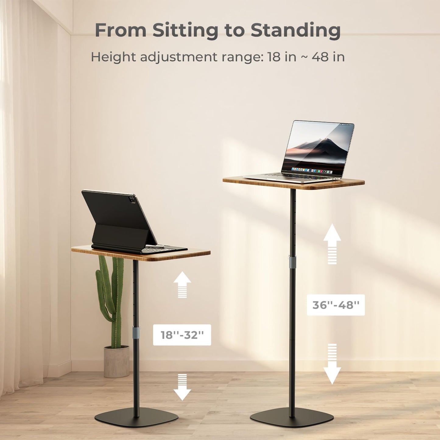 POLESTO Portable Laptop Floor Stand, Bedside/Sofa Table with Height Adjustable 18''~47'', Sleek Wooden Lectern Standing Desk Mobile Podium for Home, Office, School, Black