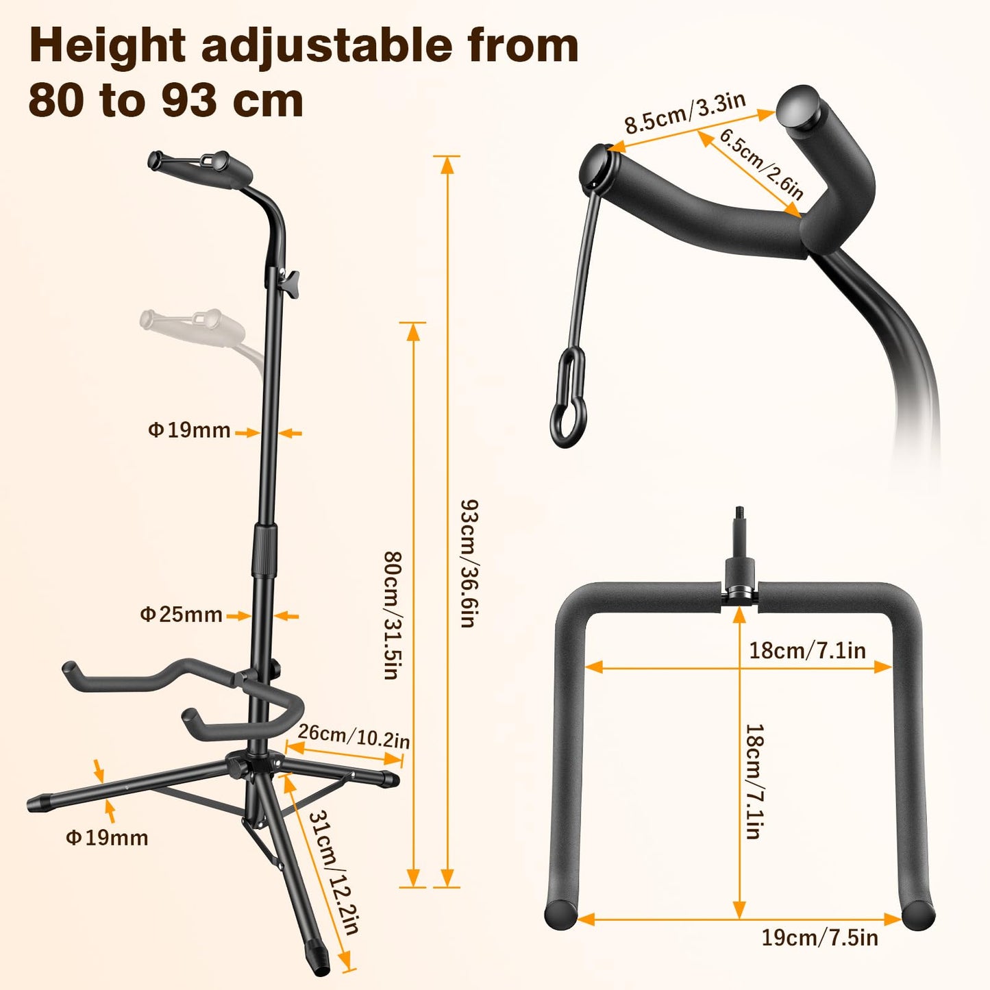New bee Guitar Stand, 2 Pack Height Adjustable Foldable Guitar Stand with Secure Support for Acoustic, Electric, Bass and Banjos, Load Capacity 20LB