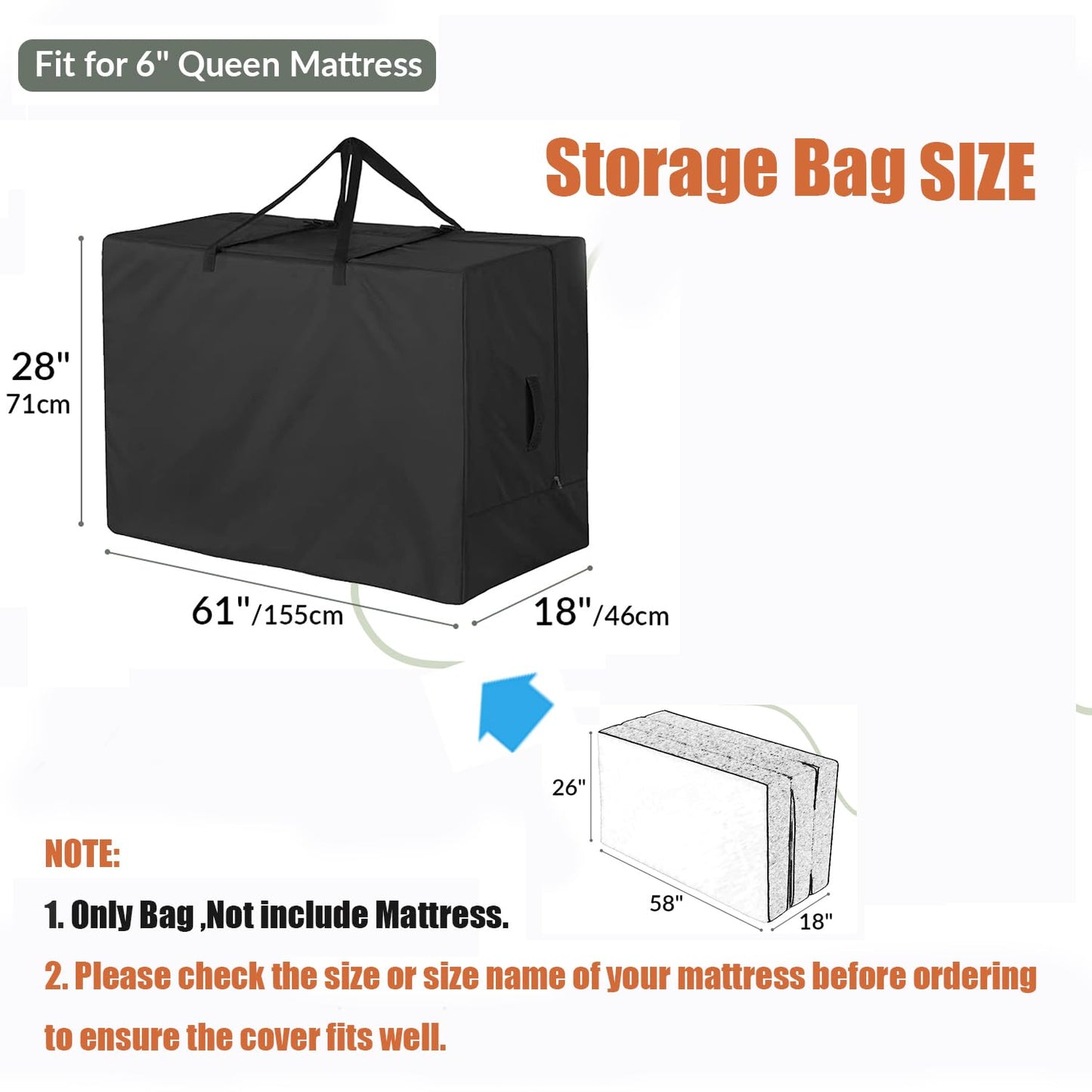 Joymo Folding Mattress Storage Bag for 6" Queen, Waterproof Foldable Mattress Cover for Memory Foam Guest Bed, Dustproof Heavy Duty Tri-Fold Floor Mattress Carrying Case (28"x61"x18")
