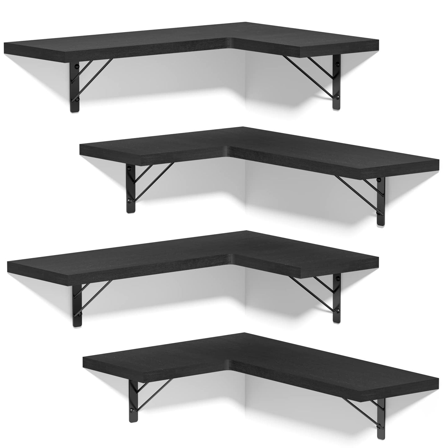 Love-KANKEI Corner Shelf Wall Mounted, Floating Wall Shelves for Storage, Rustic Wood Hanging Shelves for Display, Bathroom Kitchen Bedroom Living Room, Set of 4, Black