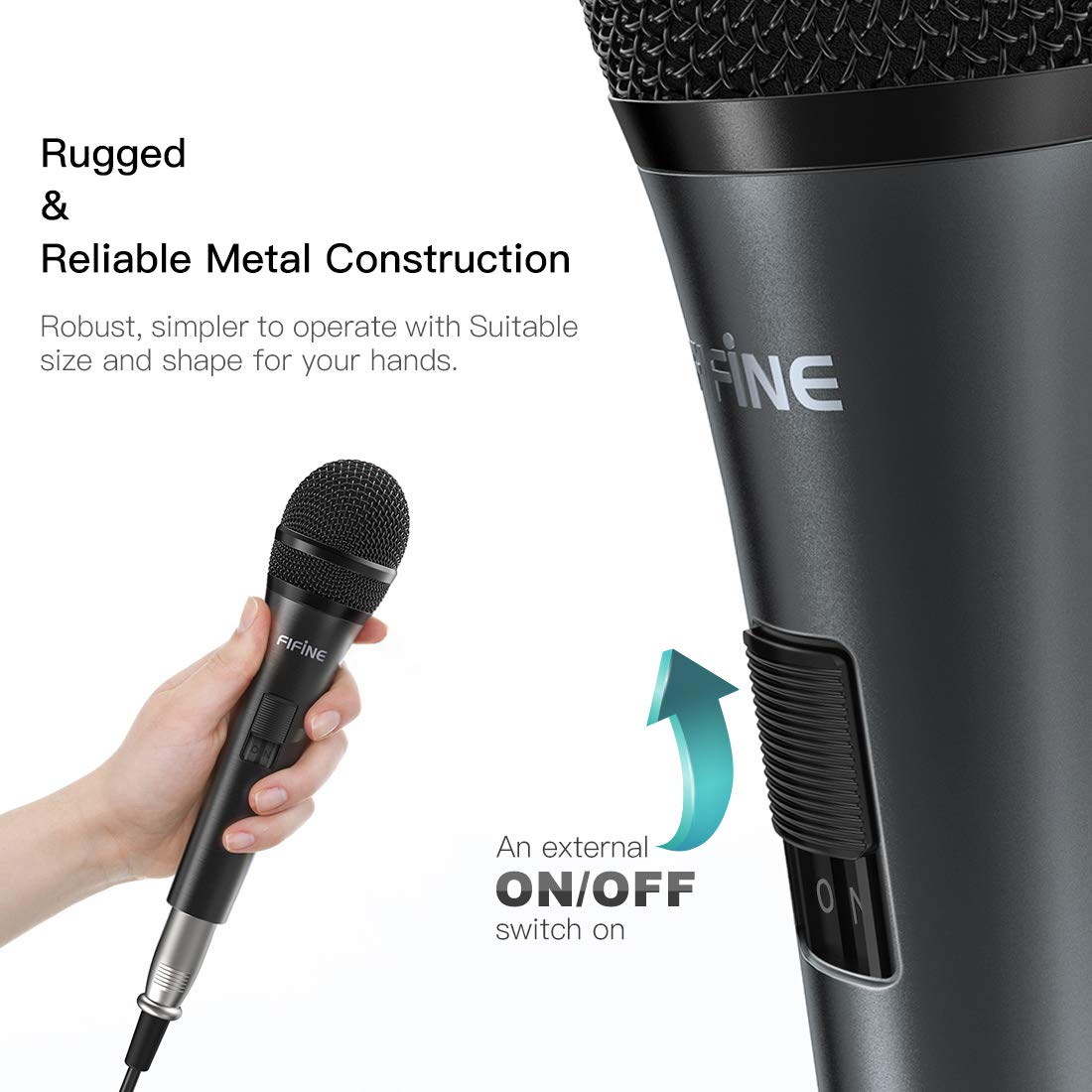 Fifine Handheld Karaoke Microphone for Singing, Wired Dynamic Mic with 4.5m Detachable XLR Cable for Vocal, Speaker with On/Off Switch, Compatible with Karaoke Machine-K6