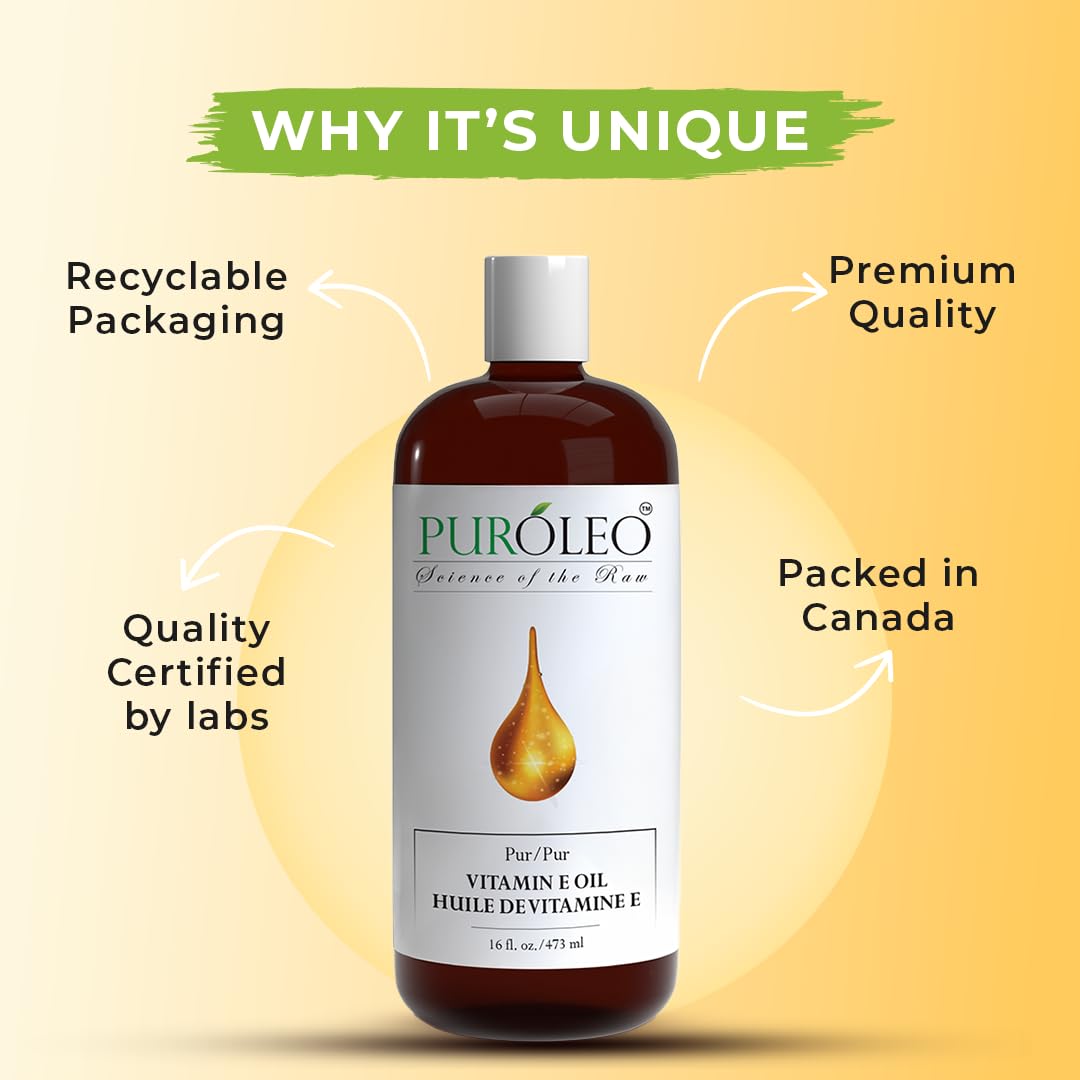 PUROLEO Vitamin E Oil 16 FL Oz/473 ML (Packed in Canada) Pure Vitamin E Oil for Skin, Hair, and Face. A versatile oil suitable for various personal care and cosmetic applications.