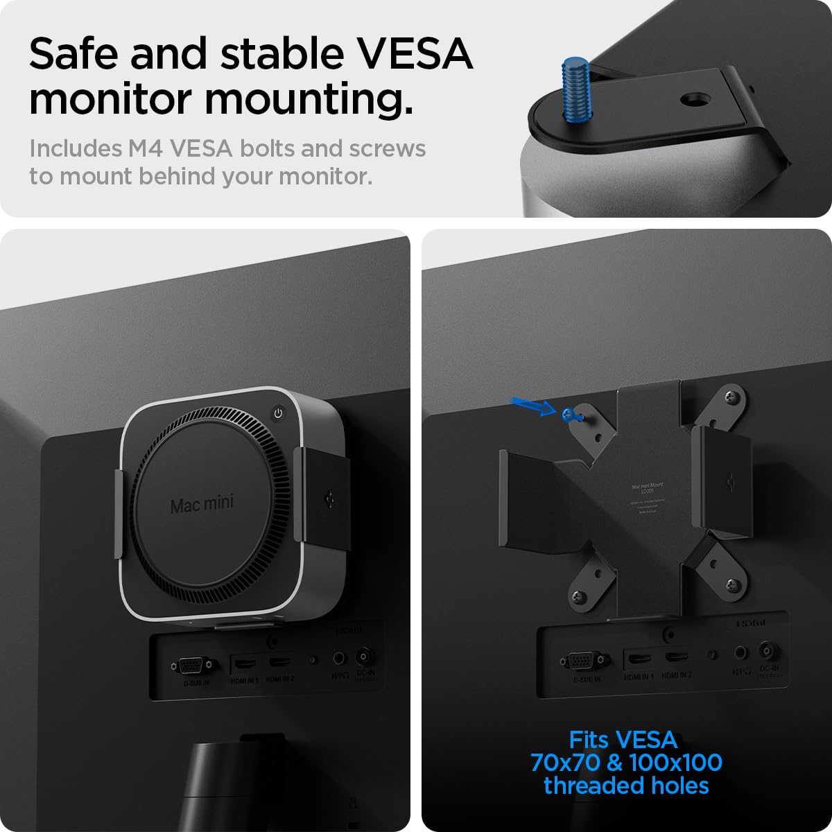 Spigen Mount Designed for Mac mini M4/M4 Pro (2024) VESA Anti-Scratch Behind Monitor, Under the Desk, Wall Stand VESA Hole Strong Adhesive LD205 - Black