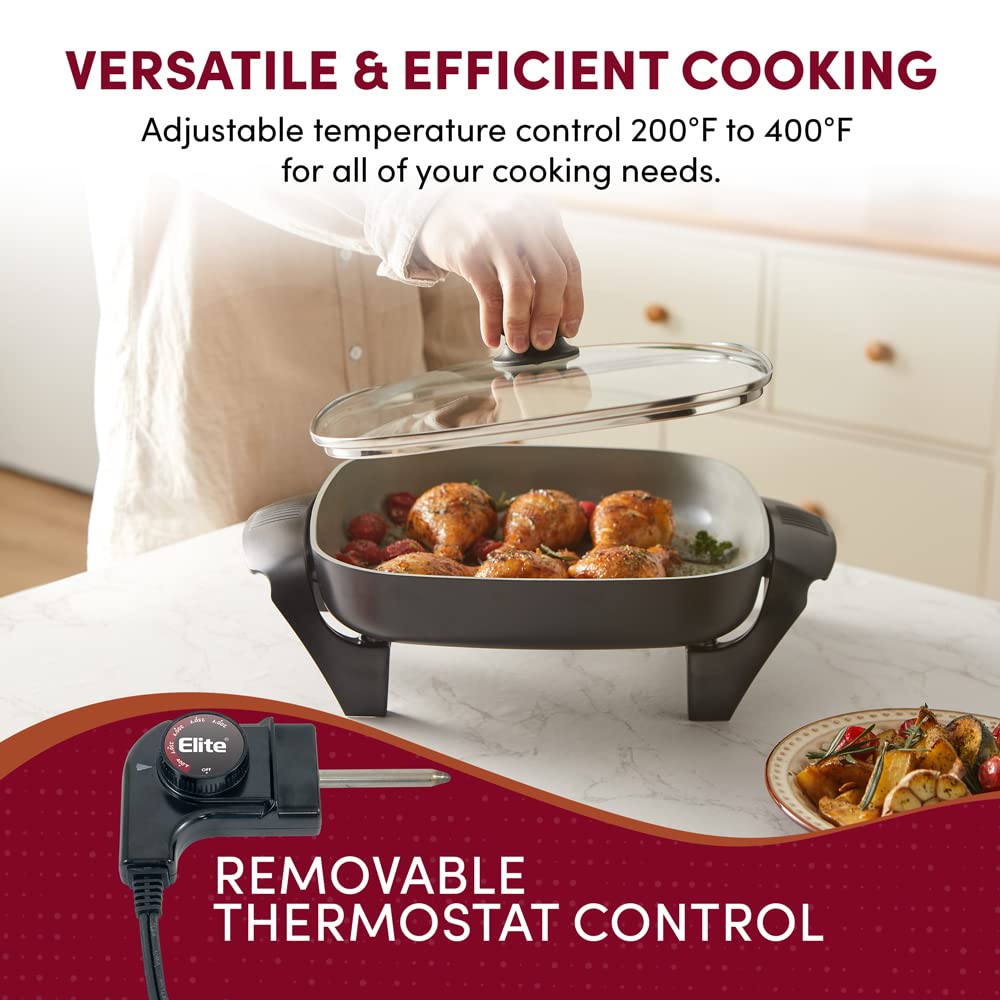 Elite Gourmet 12"x12"x2.15” Ceralast PFAS Free Ceramic Electric Skillet, Dishwasher Safe, Rapid Heat Up, 1200W, Dark Grey