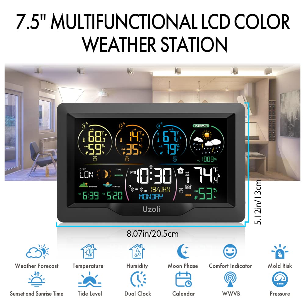 Uzoli EM3390 7.5" Weather Station, Weather Station Wireless Indoor Outdoor Thermometer, Digital Weather Stations 3 Sensors with Atomic Clock, Barometer, Moon Phase, Large Screen Monitor for Home Use