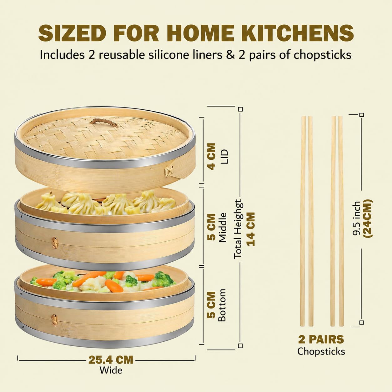 PureNest Living Co. 10 inch Bamboo Steamer Basket, 2-Tier Dumpling Steamer with Stainless Steel Band, Includes 2 Silicone Liners & 2 Pairs Chopsticks, Eco-Friendly Asian Food Steaming.