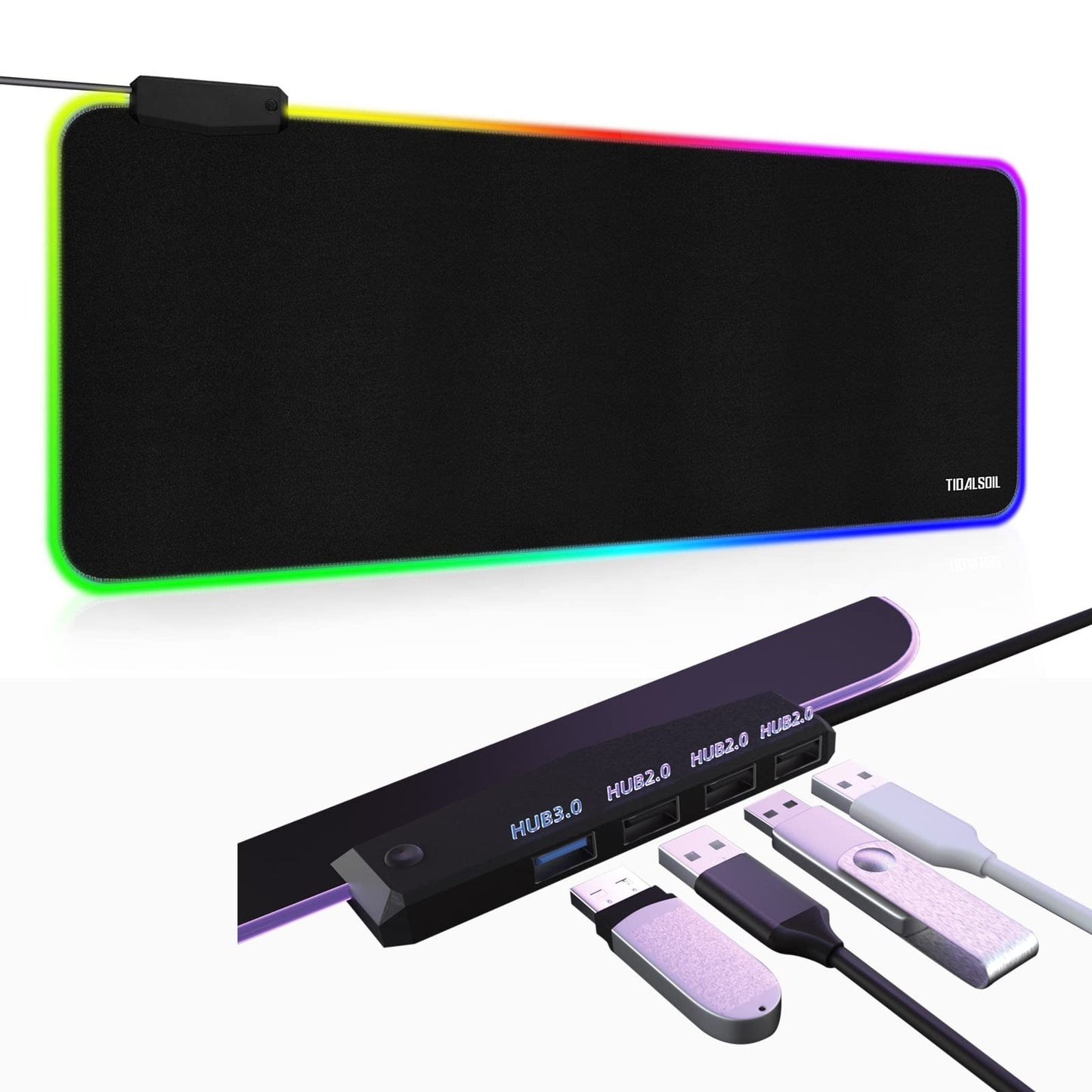 TIDALSOIL RGB Gaming Mouse Pad with 4-Port USB Hub and 13 Lighting Modes, Oversize Anti-Slip Rubber Base with Waterproof Coating Mouse Mat for Computer PC Games, 80 x 30 cm, Black