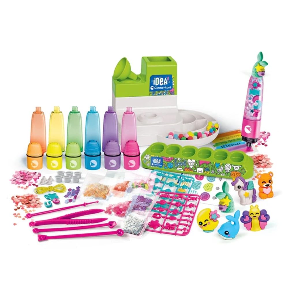 Clementoni - Idea - L’ Atelier des Fluos - Crée des Surligneurs Personnalisés – Paillettes Pompons et Anneaux pour des Idées Créatives - d'Artisanat – Coffret de Jeu Éducatif – Français – 52848