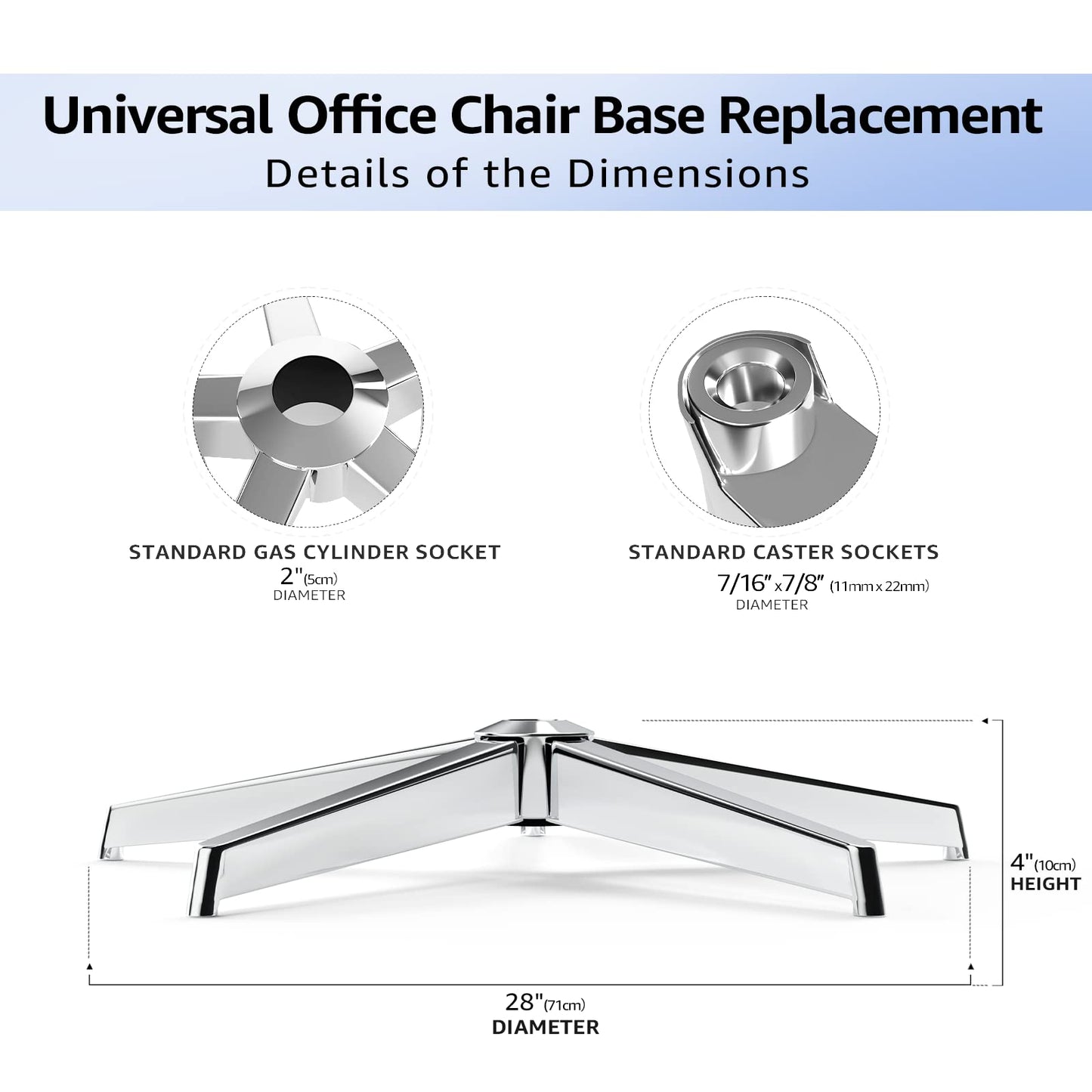 Mastery Mart Office Chair Base Replacement Heavy Duty, Metal Desk Chair Base Replacement Parts with Universal Gas Cylinder Hole and Casters Sockets, 2400+Lbs, Diameter 28", Silver