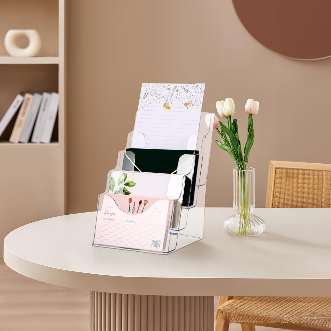 Tofficu Multi-Tier Literature Holder Clear Acrylic Brochure Display Stand 4-Slot File Organizer Desktop Rack for Office Home Counters 9.92X6.69X6.41 Inch