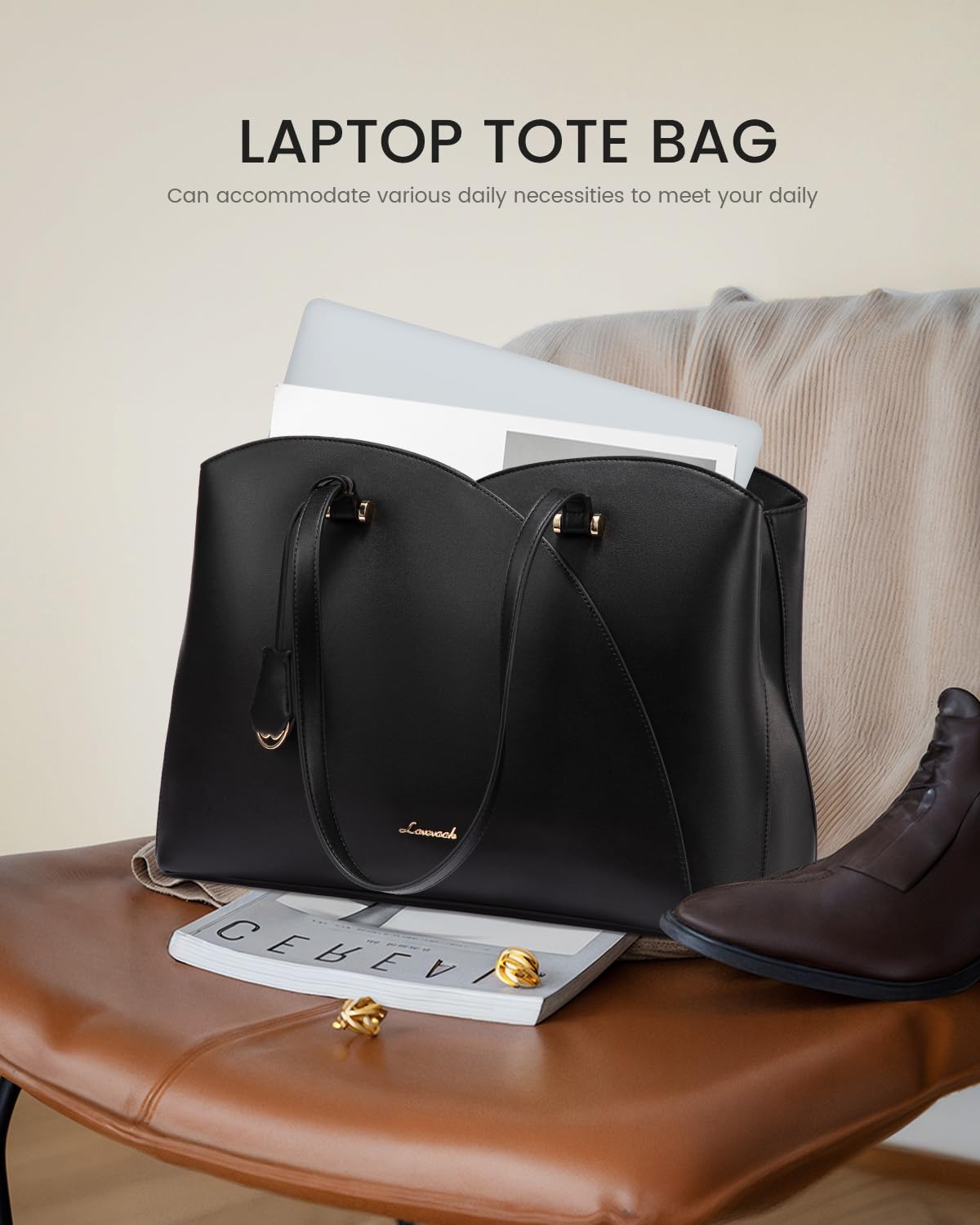 LOVEVOOK Work Tote Bag for Women, Vintage Leather Laptop Bag Teacher Tote Bag, Professional 15.6 Inch Computer Bag, Large Tote Purse Handbag With Laptop Compartment,Brown