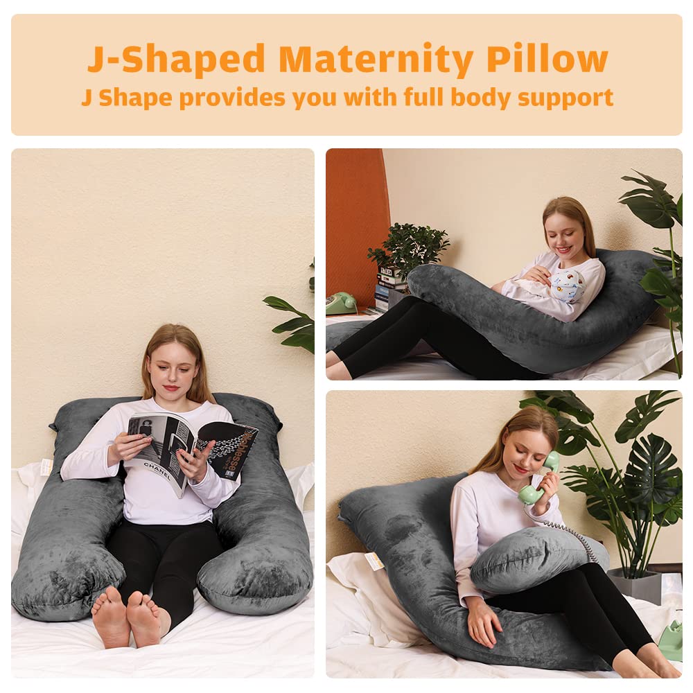 Chilling Home 59 Inch Pregnancy Pillow for Sleeping, Maternity Pillow for Pregnant Women, Full Body Pillow for Adults, Comfort U Shaped Pregnancy Pillow with Removable Washable Velvet Cover, Dark Grey