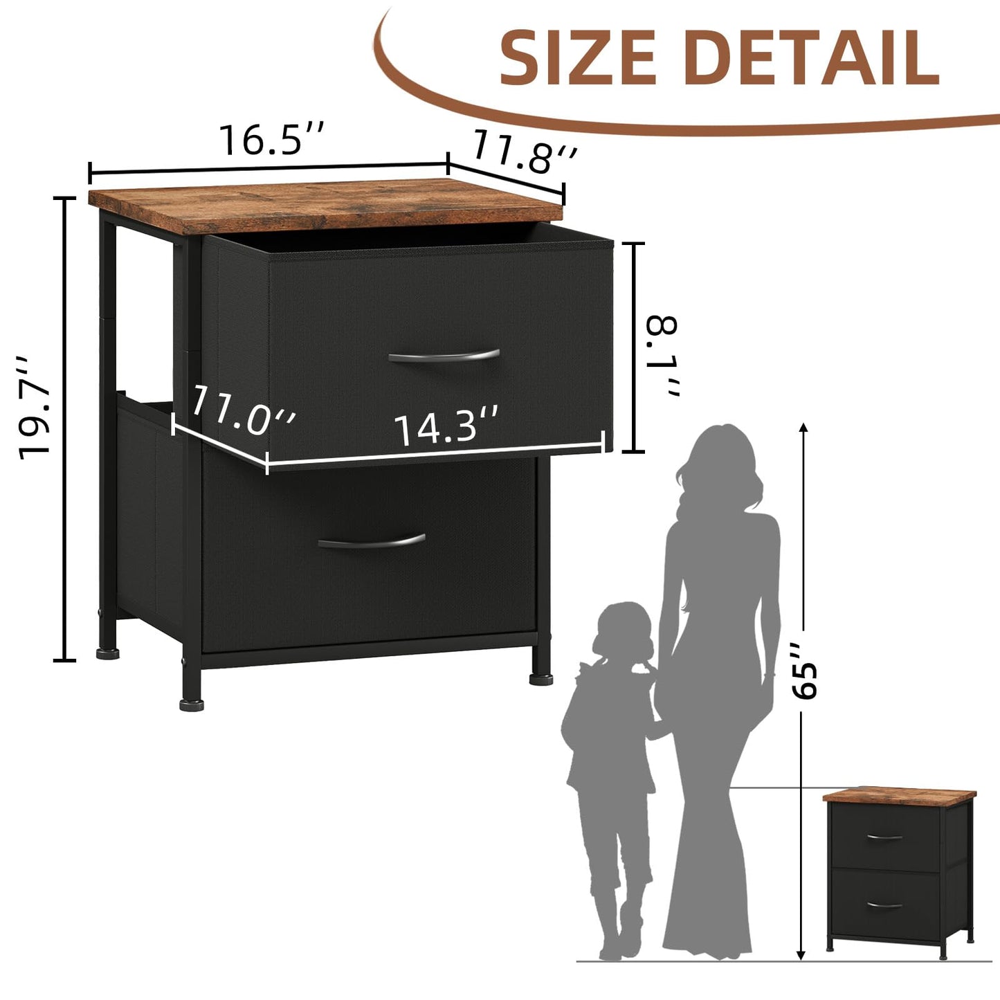 Somdot Nightstand with 2 Drawers, Small Bedside Table with Removable Fabric Bins for Bedroom, Nursery & Living Room - Sturdy Steel Frame, Wood Top, Black Rustic Brown