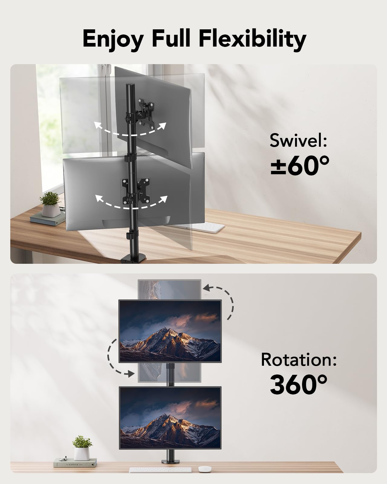 HUANUO Vertical Dual Monitor Mount for 17–32 Inch Screens, 17.6 lbs Capacity Each, Extra Tall Stacked Monitor Stand with Height Adjustment and C-Clamp,Gaming Monitor Arm