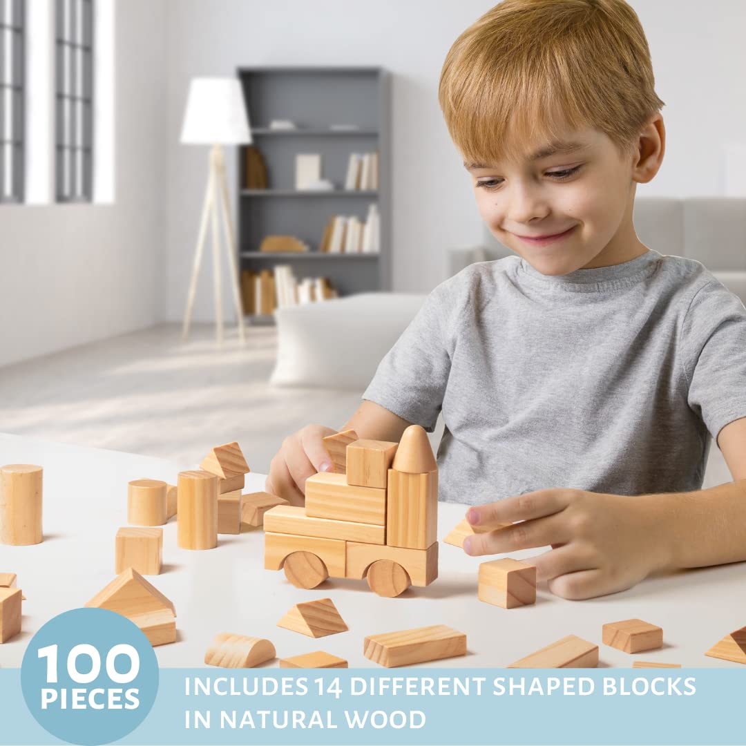 Wooden Blocks - 100 Pc Wood Building Block Set with Carrying Bag and Container (Natural Colored) - 100% Real Wood