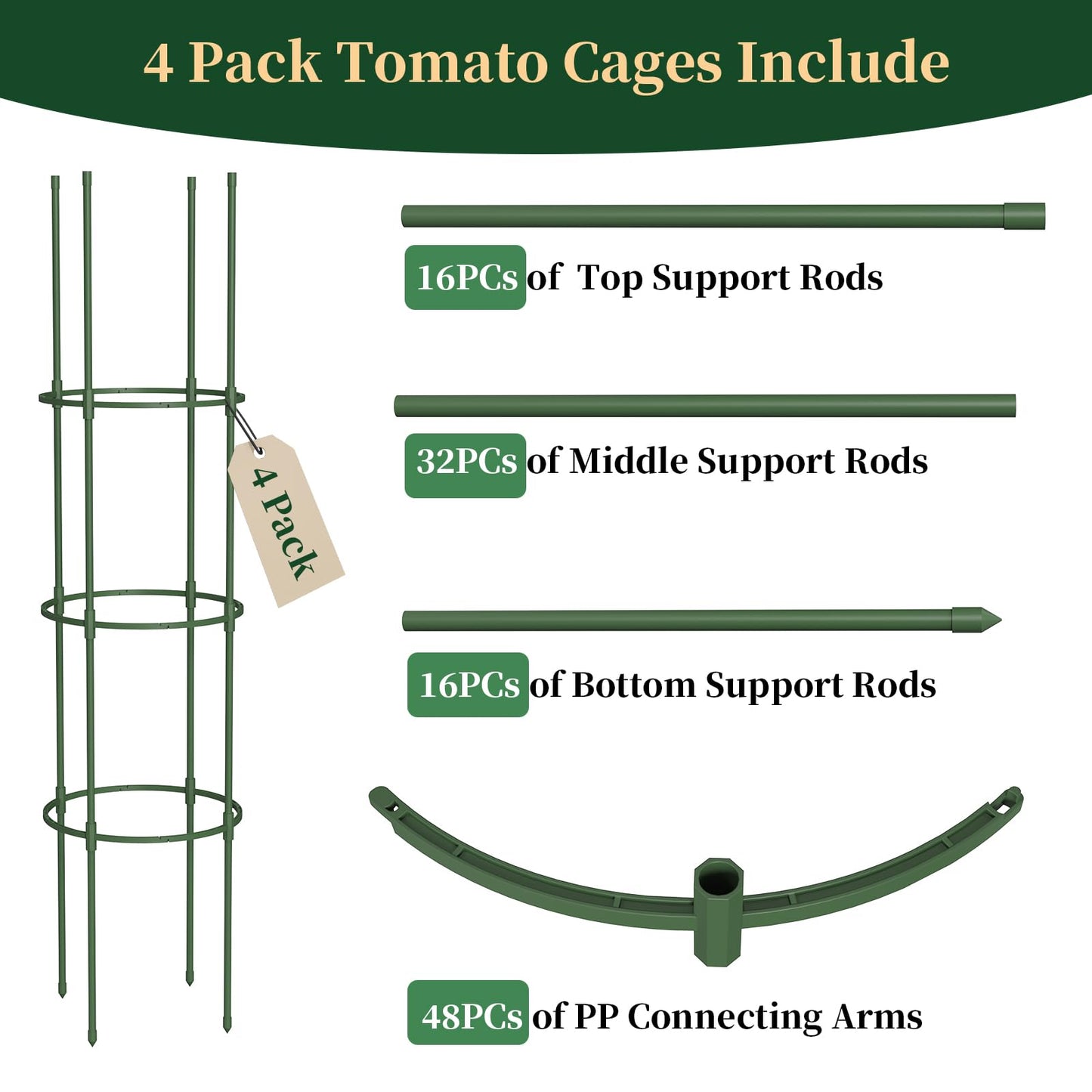 Tomato Cages for Garden, 49" Tall Adjustable Heavy Duty Rust Resistant Tomato Trellis, with Upgraded Coupler for Raised Beds & Pots, Plant Stakes and Supports for Climbing Vegetables, Flowers (4PCs)