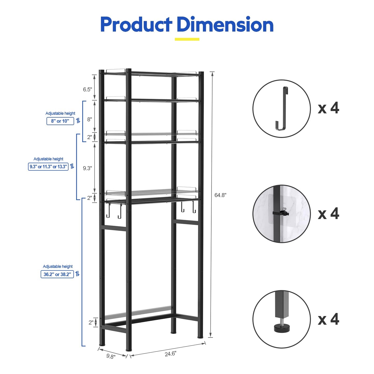 samstar 4 Tier Over The Toilet Storage Rack, Bathroom Organizer Shelves Above Toilet, with Adjustable Height Freestanding Shelf Space Saver, Black
