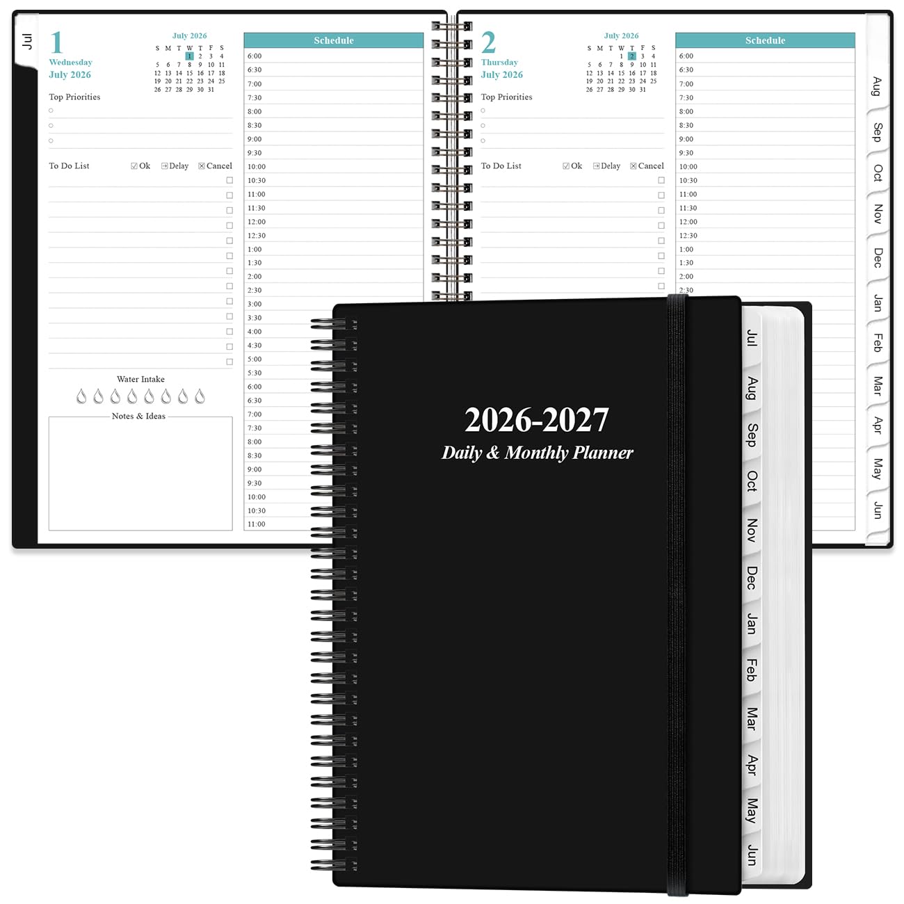 2026-2027 Daily & Monthly Planner - One Page Per Day, Daily Planner from July 2026 - June 2027, Planner 2026-2027 with 12 Monthly Tabs, 8.5" x 11", Black