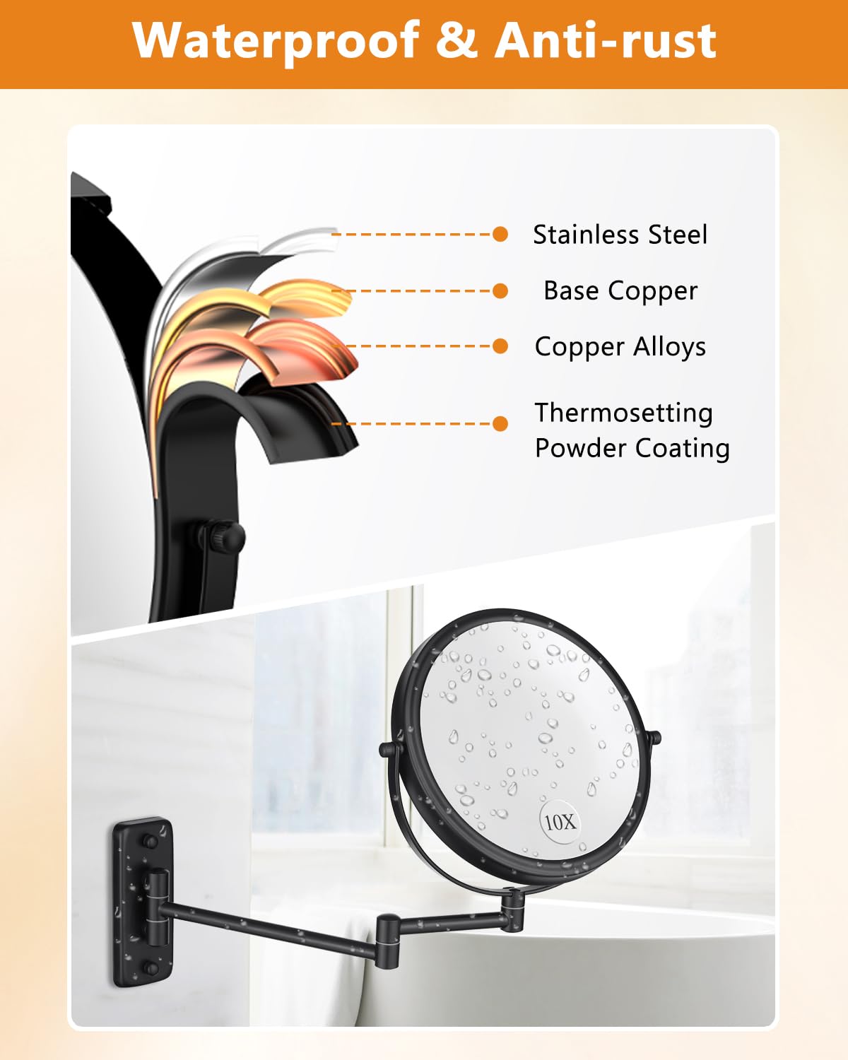 Wall Mounted Makeup Mirror - 1X/10X Magnifying Mirror for Wall, 8 Inch Double Sided 360° Swivel Extendable Bathroom Mirror for Shaving, Black DECLUTTR