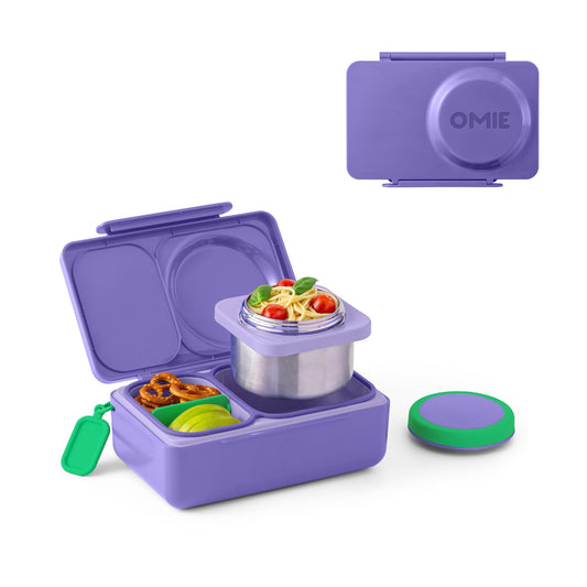 OmieBox UP bento Box for Kids | Insulated Lunch Box | Leak Proof Insulated Food jar | Cooler ice Pack | 2 Compartments (Galaxy Purple), 12 Ounces