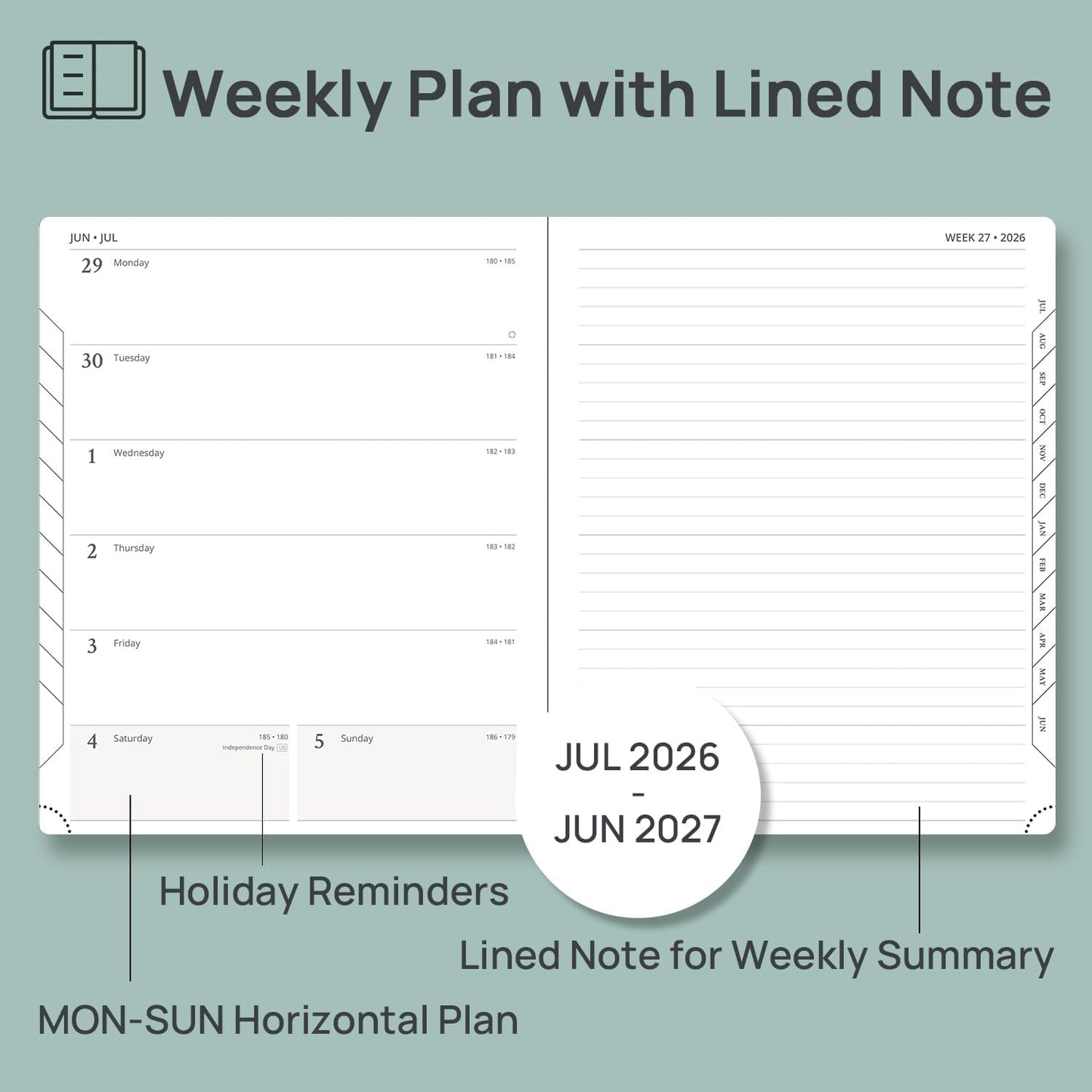 POPRUN Weekly Planner 2026-2027 (Large 8.5''x 10.5'') Academic Calendar (JUL.26 - JUN.27) Appointment Book with Monthly Tabs, Leather Soft Cover, Inner Pocket, 100 GSM - Navy Blue