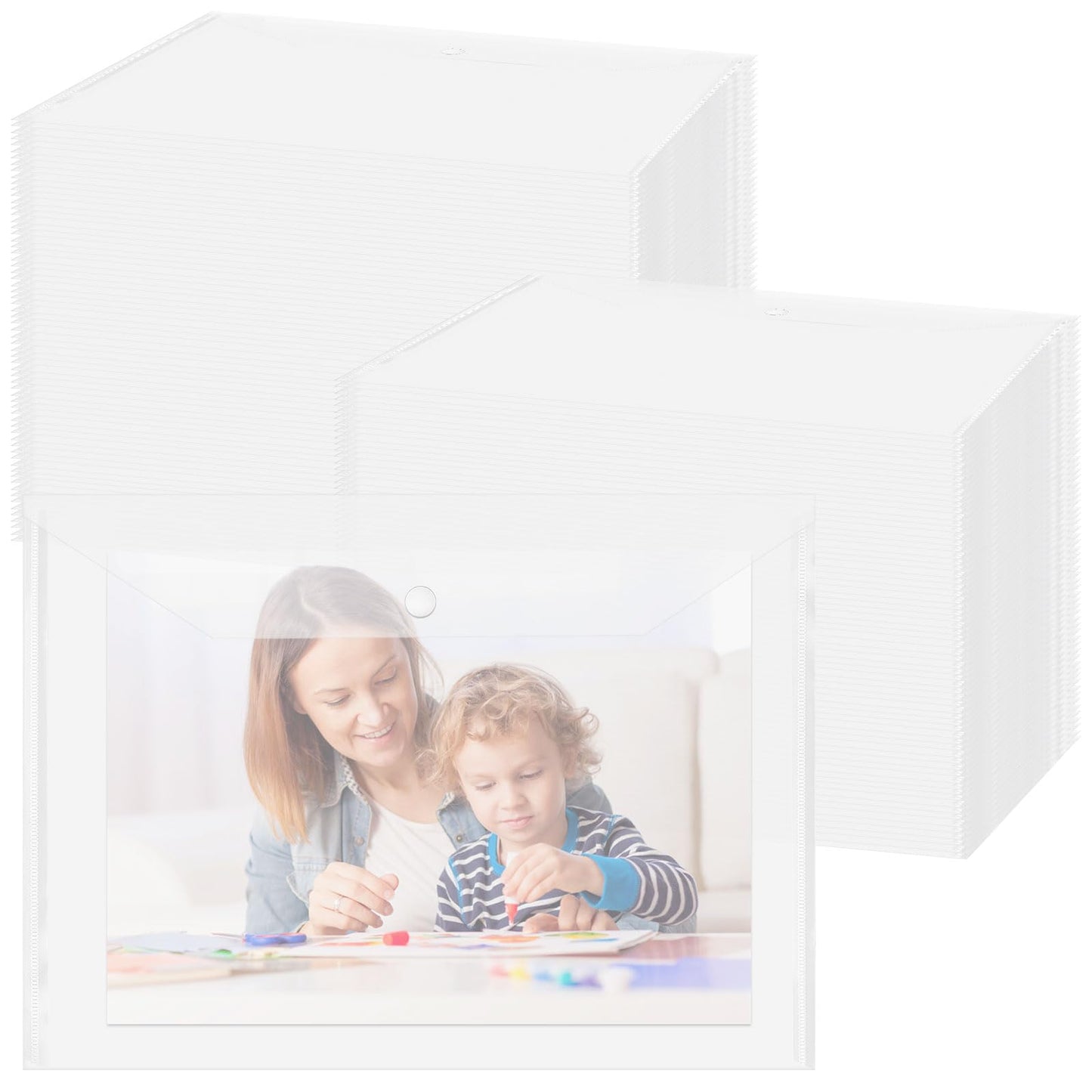 100 Pcs Transparent File Folders, Clear Plastic File Envelopes Poly Folders Letter Size / A4 Size, Waterproof Document Folder with Snap Button for School Home Work Office Organization