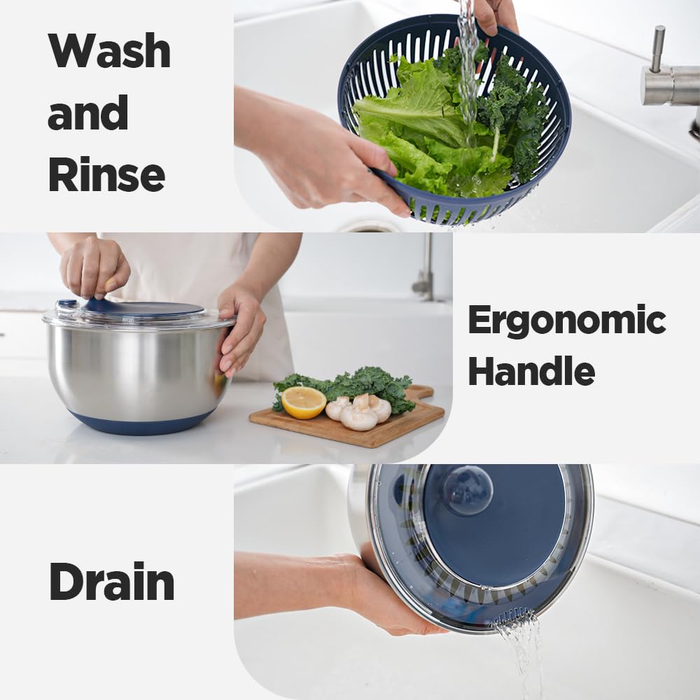 Shatomo Stainless Steel Salad Spinner, 5L Lettuce Spinner with Non-Slip Base, Drain and Stop Button, Fruit and Vegetable Washer and Dryer Spinner